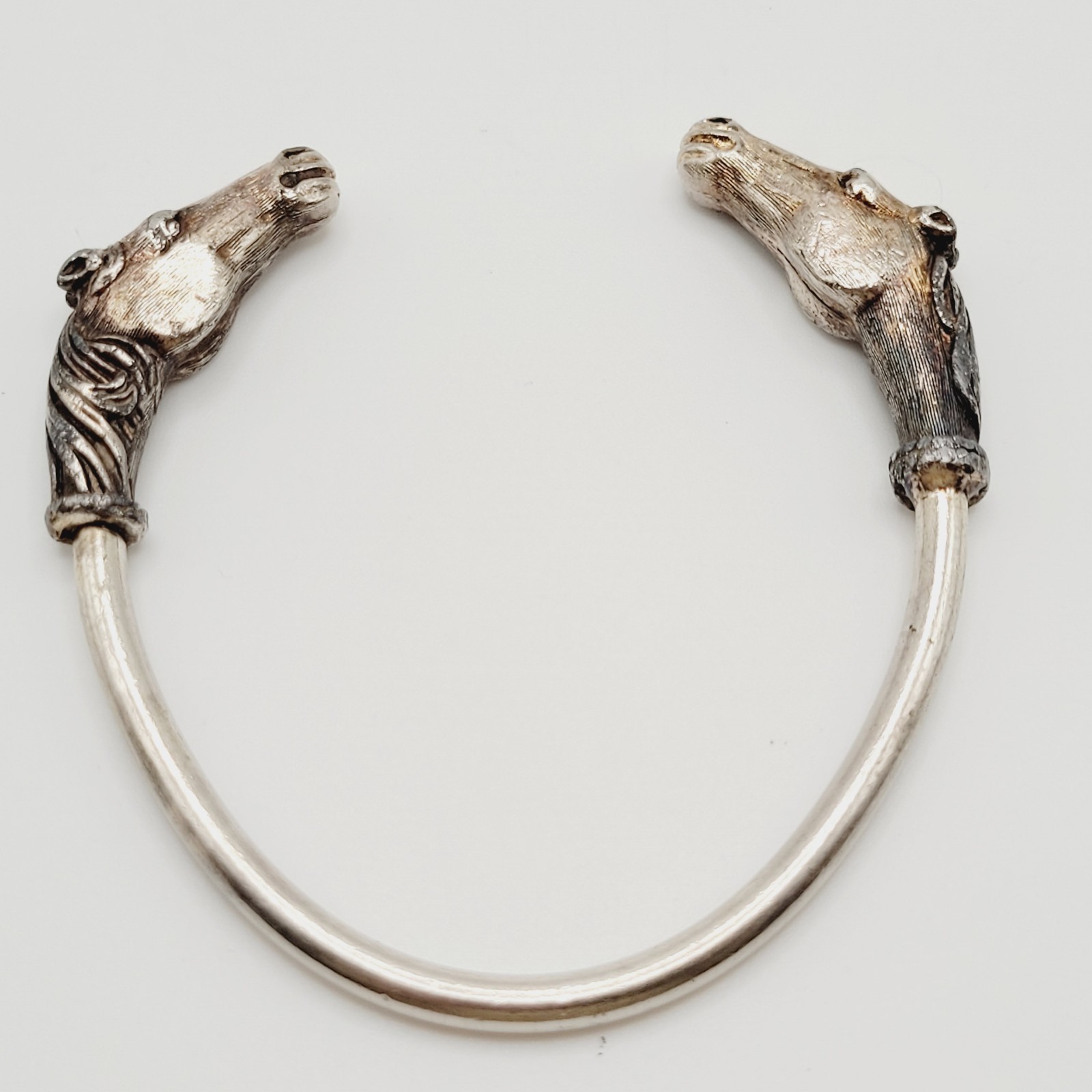 Double Horse Head Pewter Plated Copper w Patina Vintage 70s Torque Cuff Bracelet