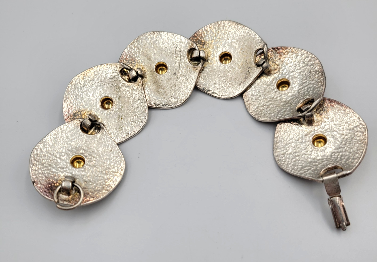 Brutalist Style Jewelry Set Hammered Disc Bracelet Clip on Earrings READ