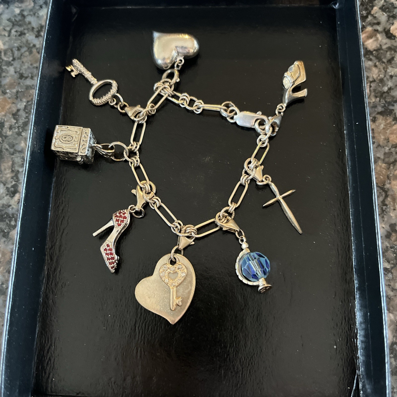 Sterling Silver Charm Bracelet 8 Charms Heart Key Cross Shoes Prayer Box