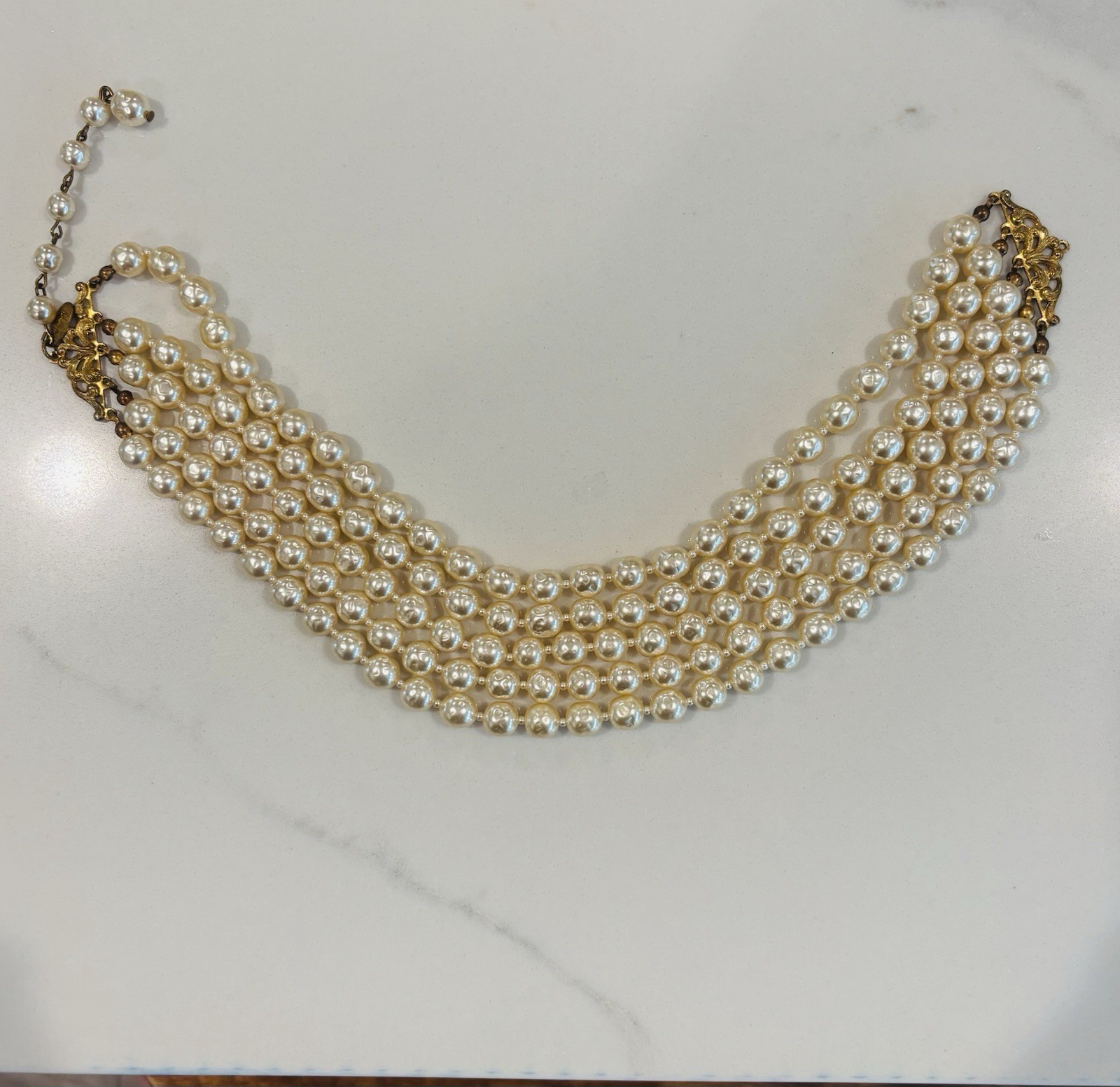 VTG SIGNED Miriam Haskell BAROQUE PEARL NECKLACE VINTAGE CHOKER 5 STRAND