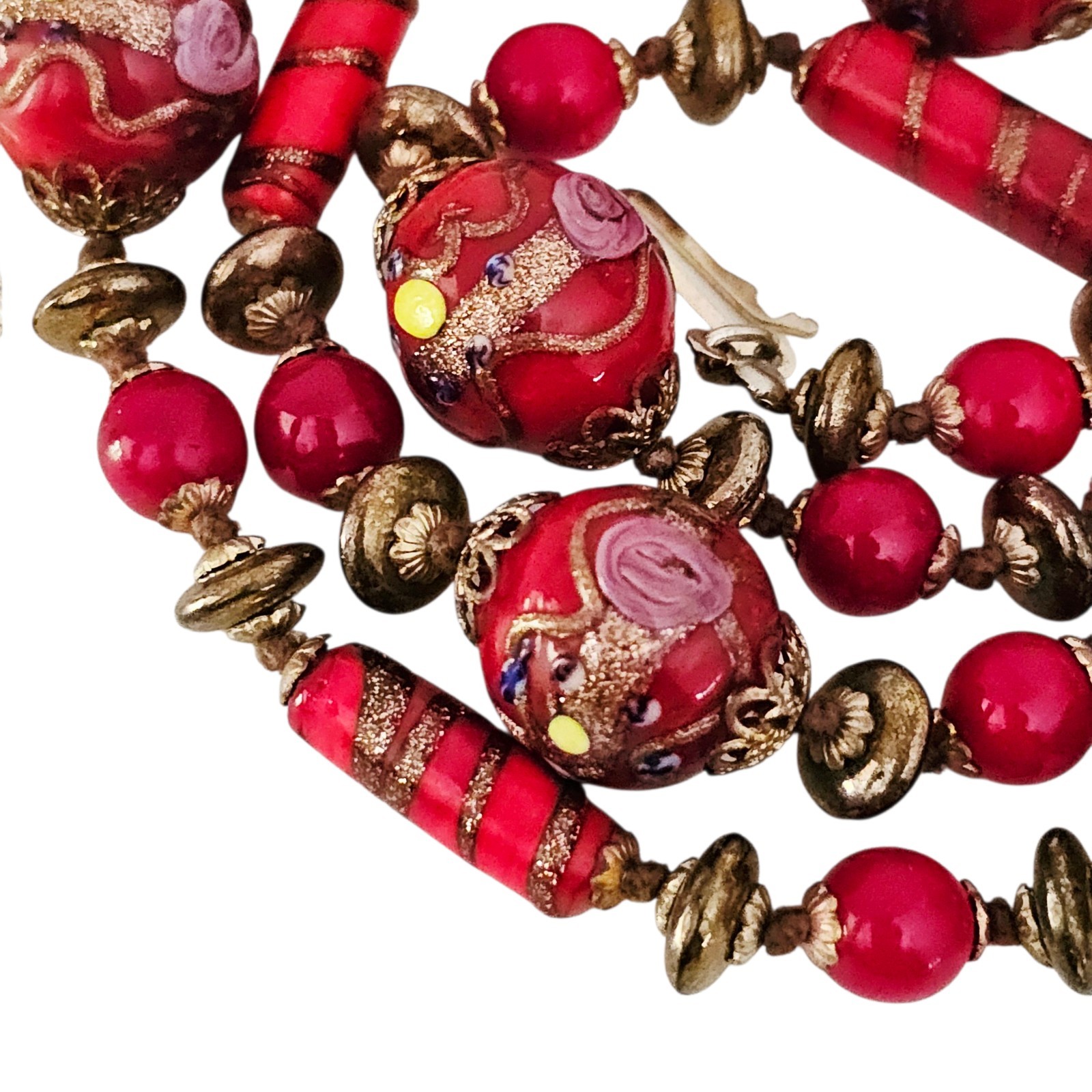 Venetian Murano Red Copper Wedding Cake Bead Necklace Hand Knot Vintage 30”