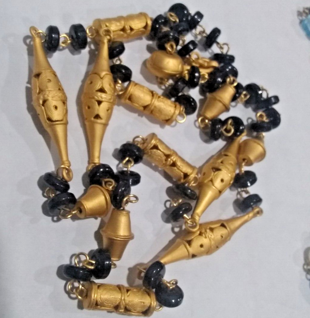 2 Necklaces. Black Egyptian Necklace & Blue Glass and cultured Pearls