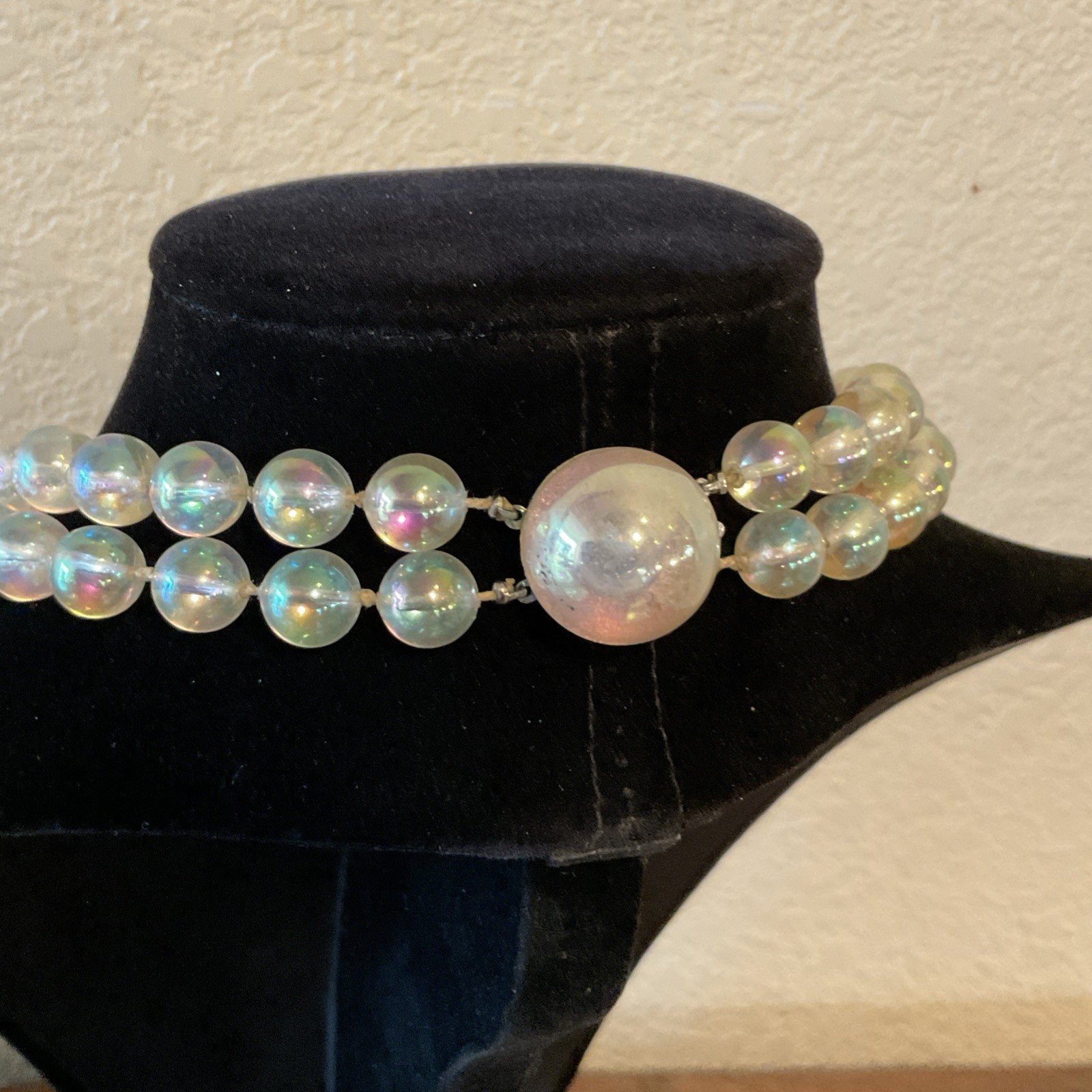 Vintage 18” Clear Iridescent Beaded Necklace Graduated Round Double Strands