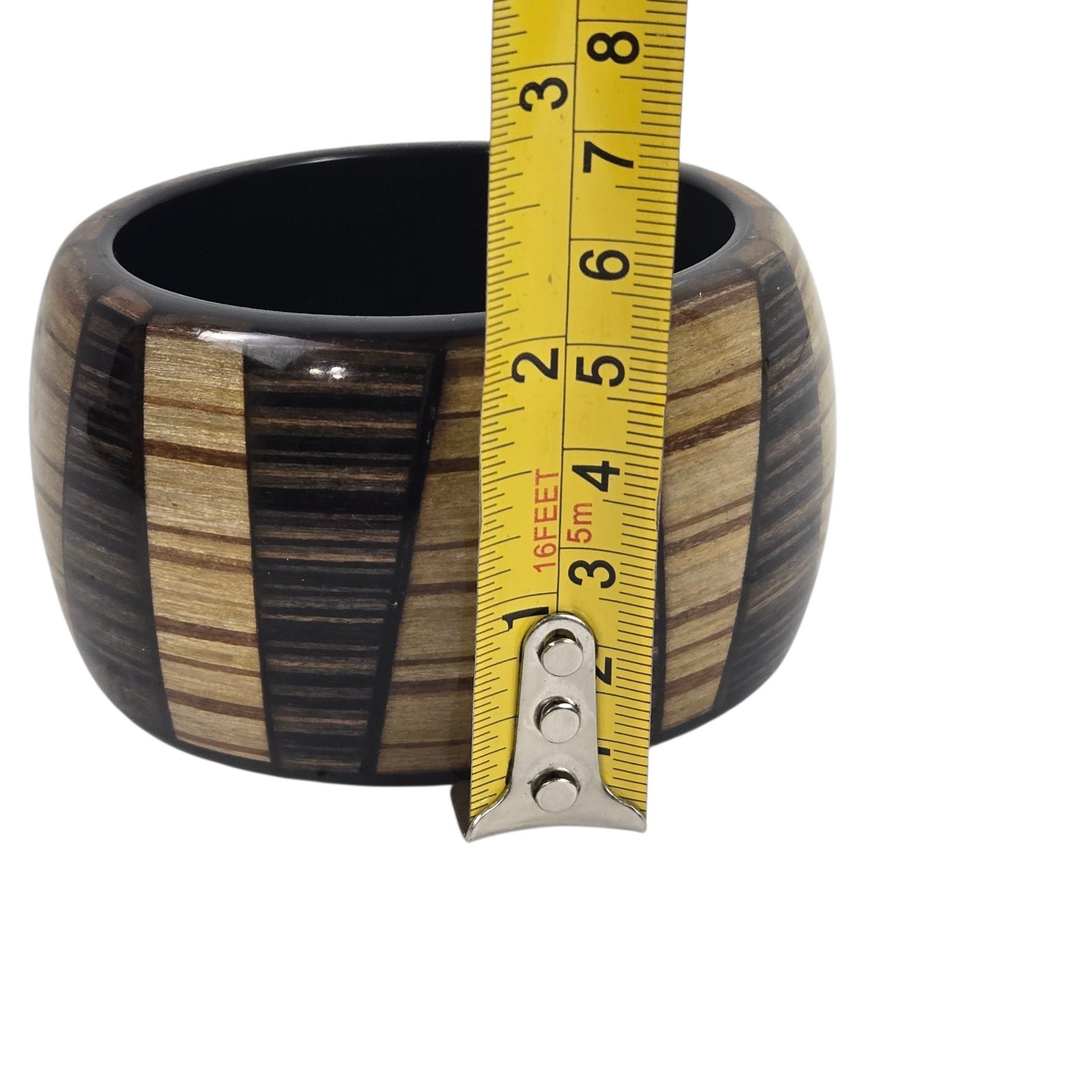 Vintage Bracelet Bangle Wide Lucite Plastic Woodgrain and Stripe Pattern EUC