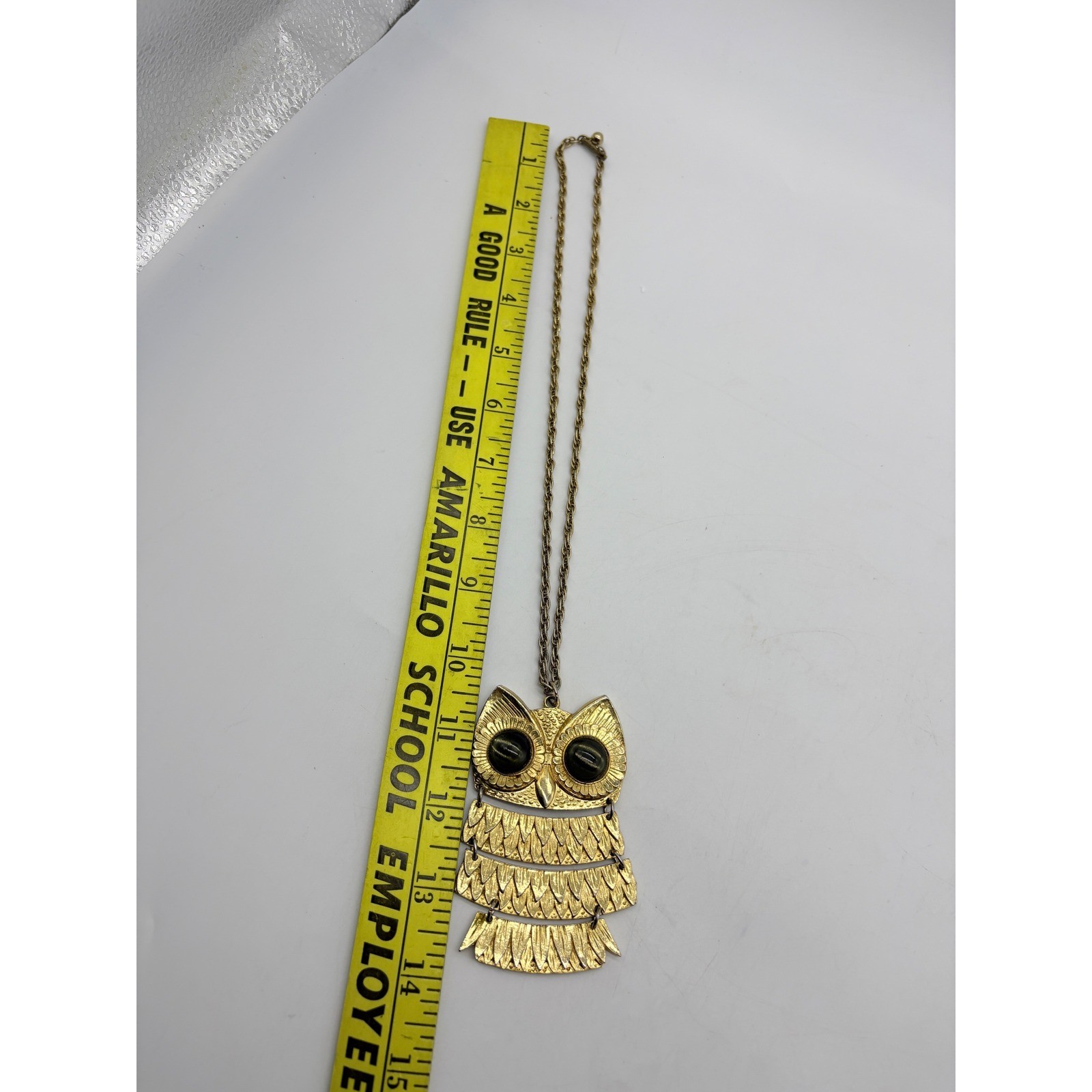 Vintage Articulated Owl Pendant Necklace Gold Tone Green Glass Eyes