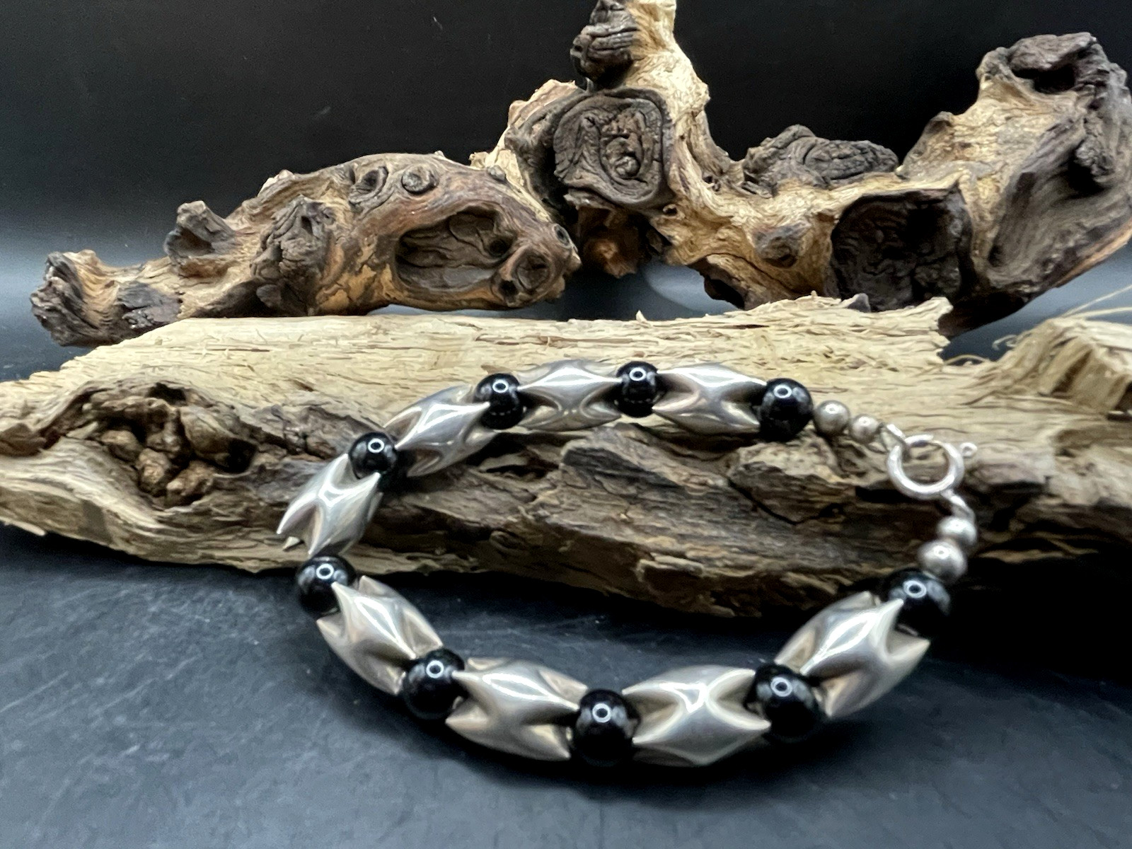 Vintage 925 Sterling Silver Black Tourmaline? Beaded Bracelet 6″