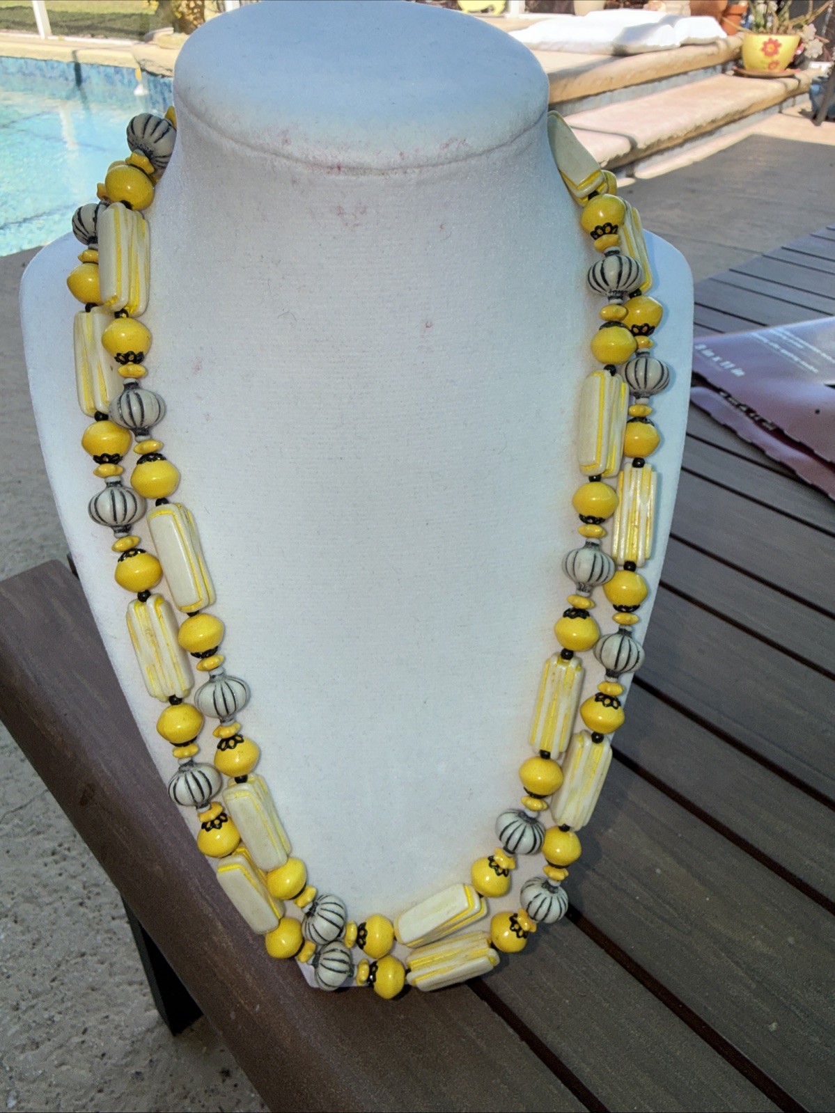 Vintage Made in Hong Kong Yellow Black White 2 Strand Beaded Necklace 19″