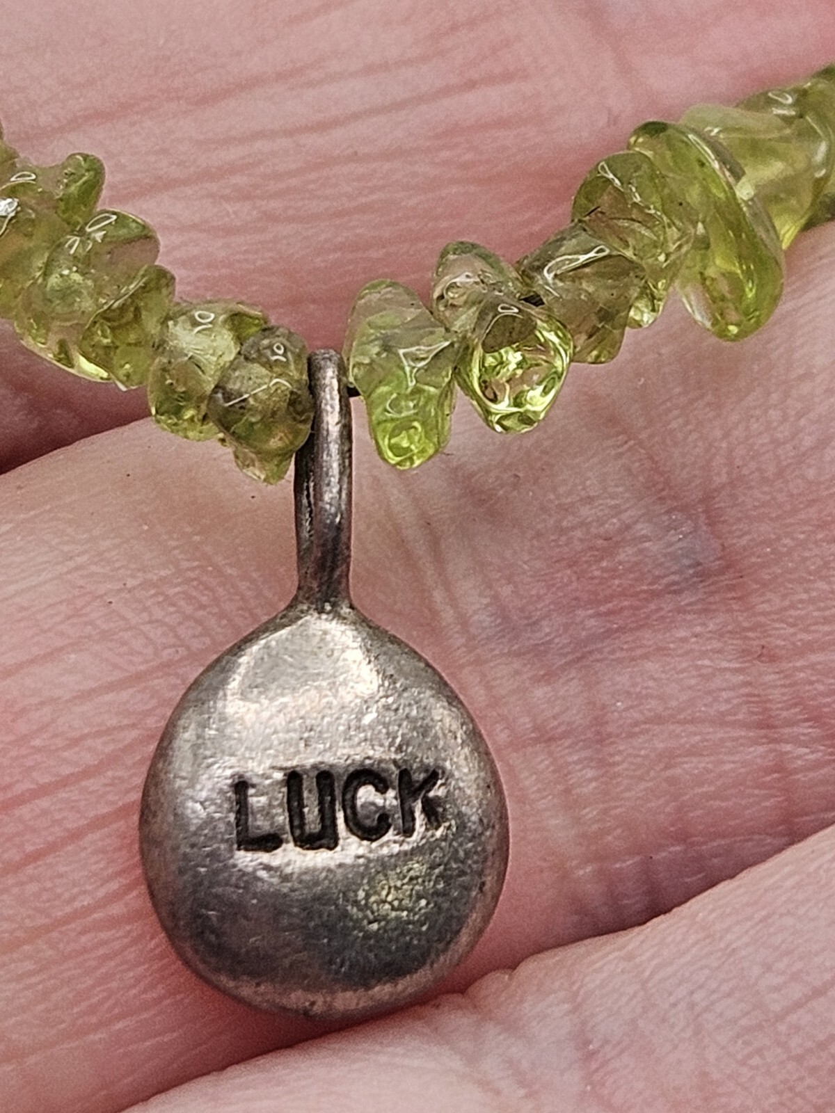 Vintage Sterling Silver Luck Small Charm Peridot Chip Bead Bracelet