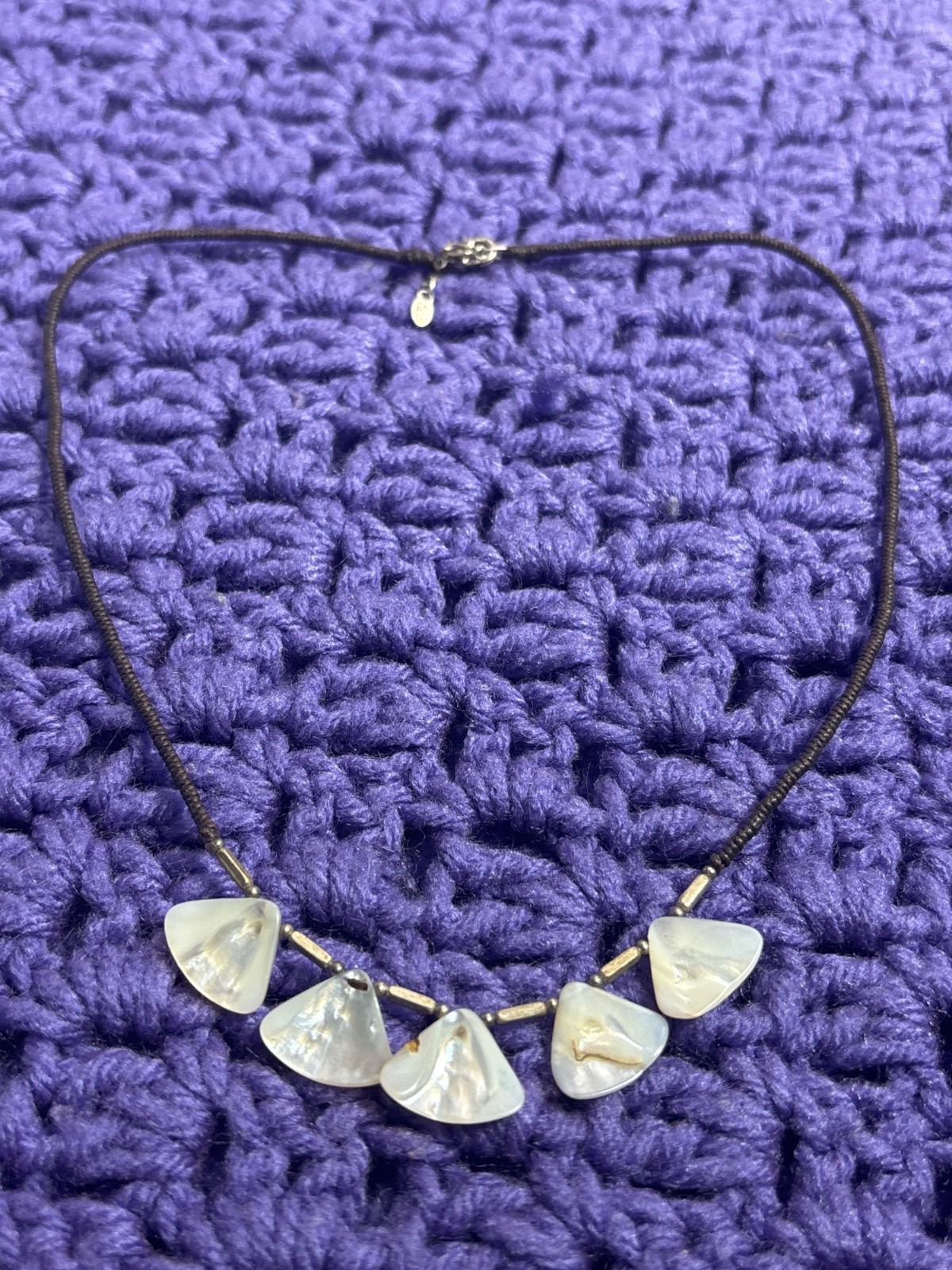 Vintage Guardian Mother of Pearl Silvertone Brown Cord Necklace 17 – 18 inches