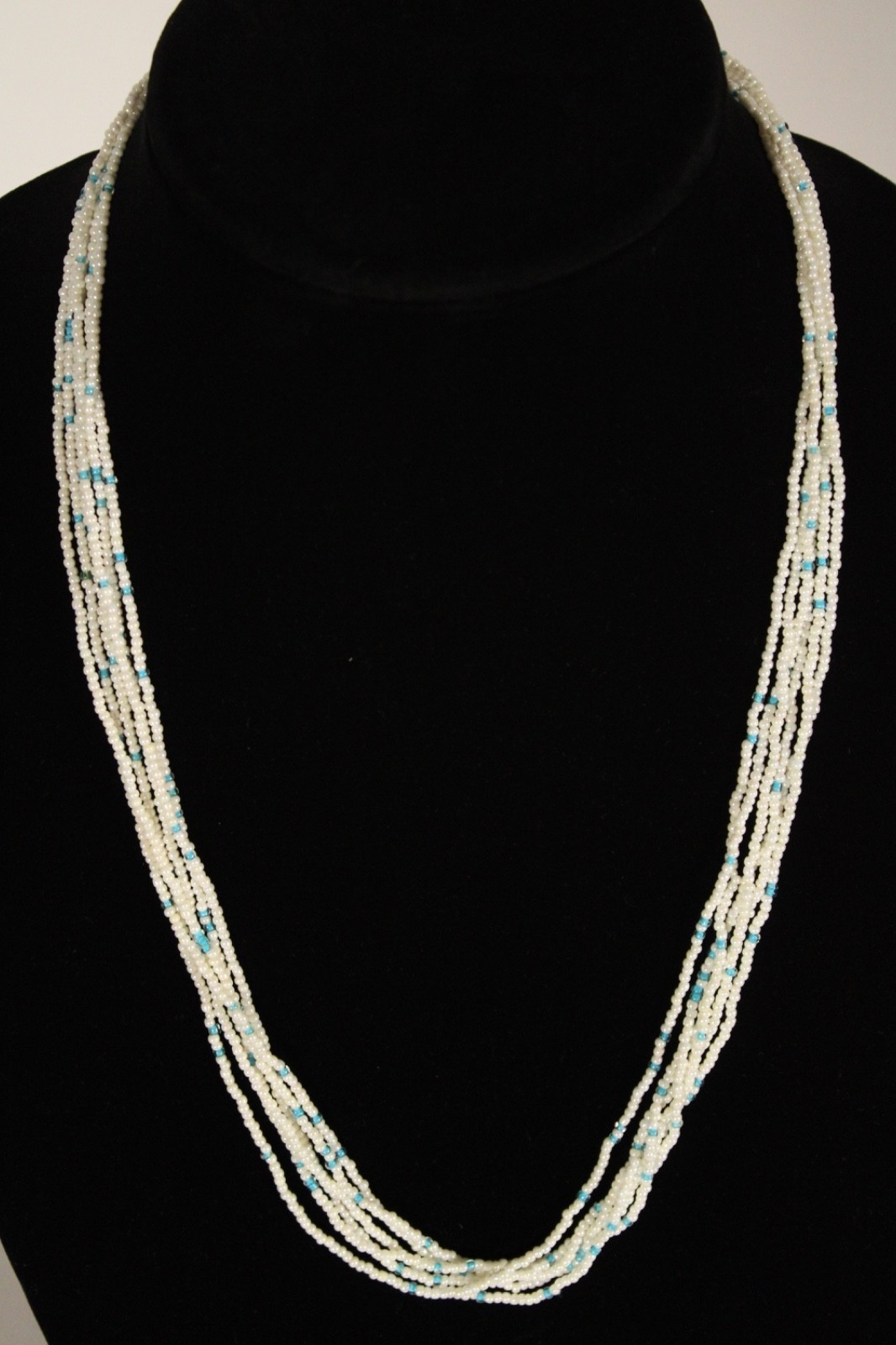 Beaded Necklace Light Sky Blue Pearl White 24″ 6 Strand Tiny Seed Bead Handmade