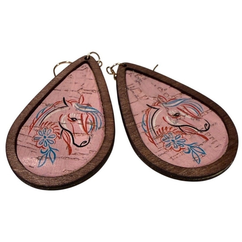 Horse Teardrop Dangle Earrings Pink Wood Boho Western Equestrian Cowgirl Gift
