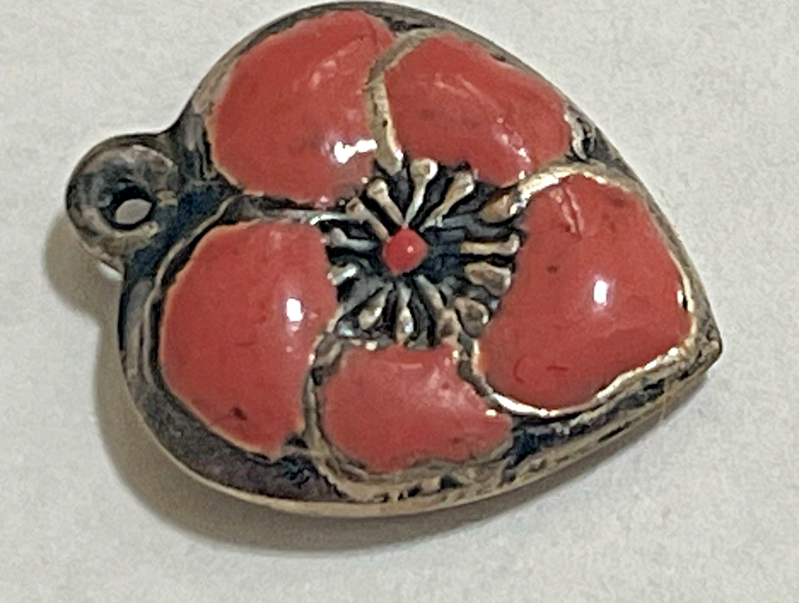 Sterling Silver Heart Flower Charm Puffy Enamel Pansy 925 Vintage Stamped Pink