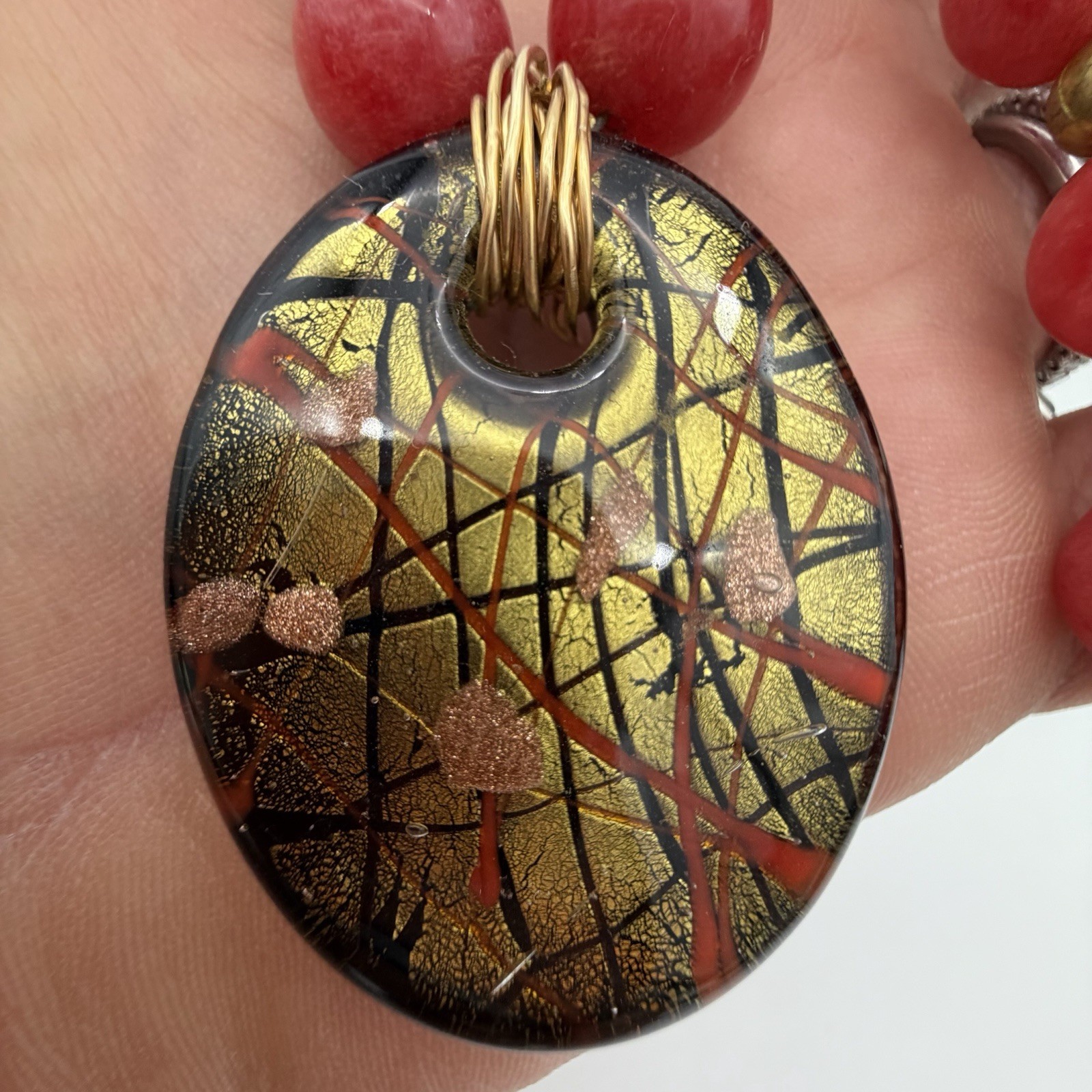 Vintage Artisan Rhodocrosite Pink Gemstone Necklace Murano Pendant Estate