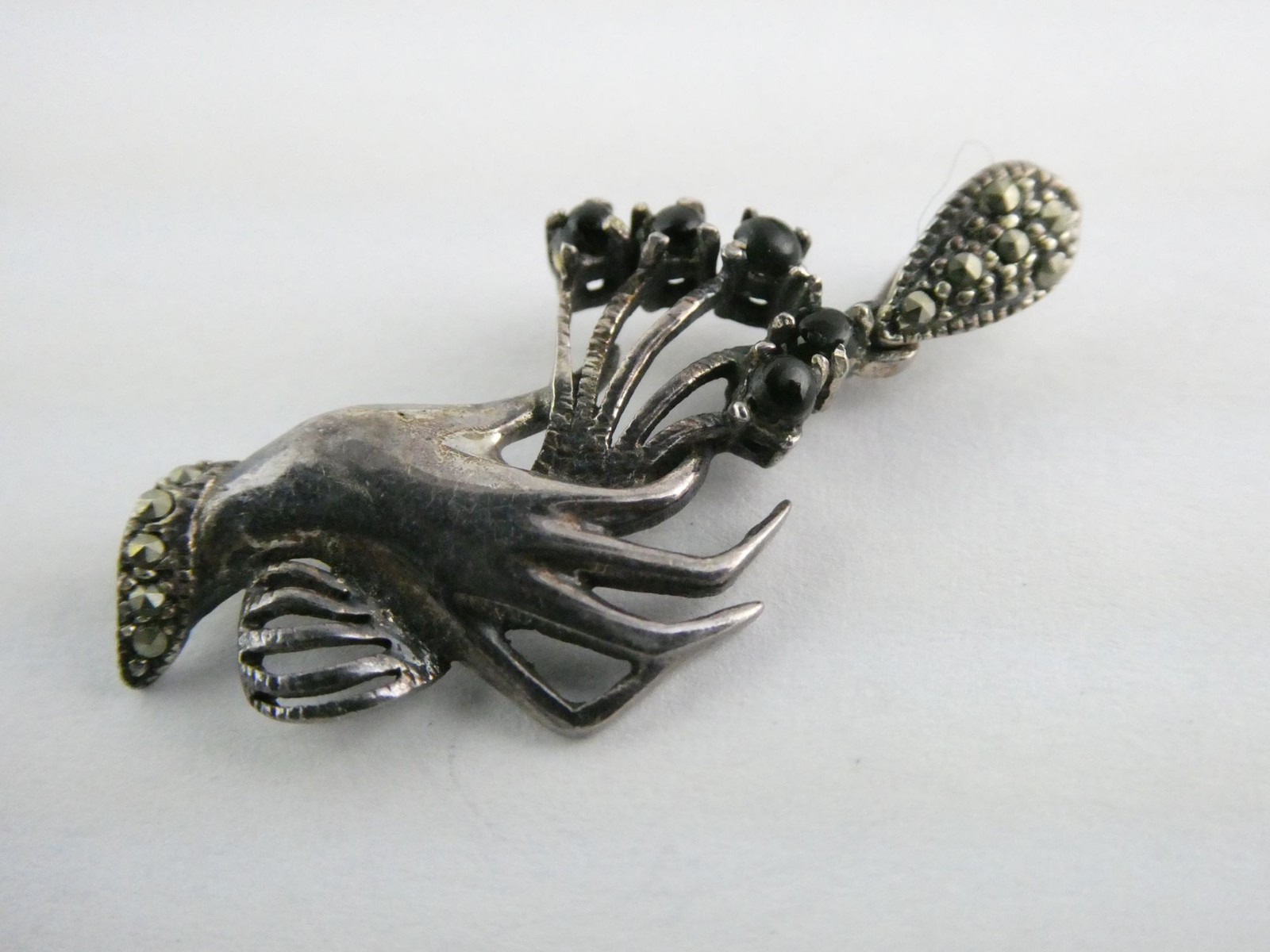 Marsala CW Sterling Silver Hand Holding Black Onyx Flowers Marcasite Pendant 2g