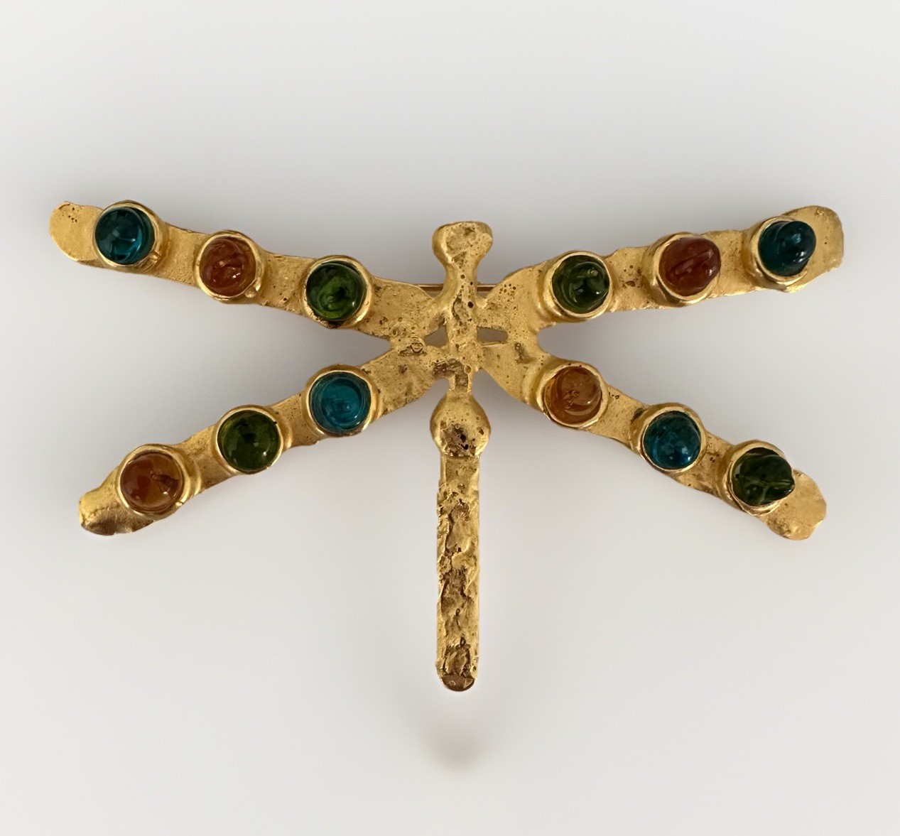 Deanna Hamro Gold Brooch Dragonfly 1980’s Poured Glass Gripoix Cabochon Pin