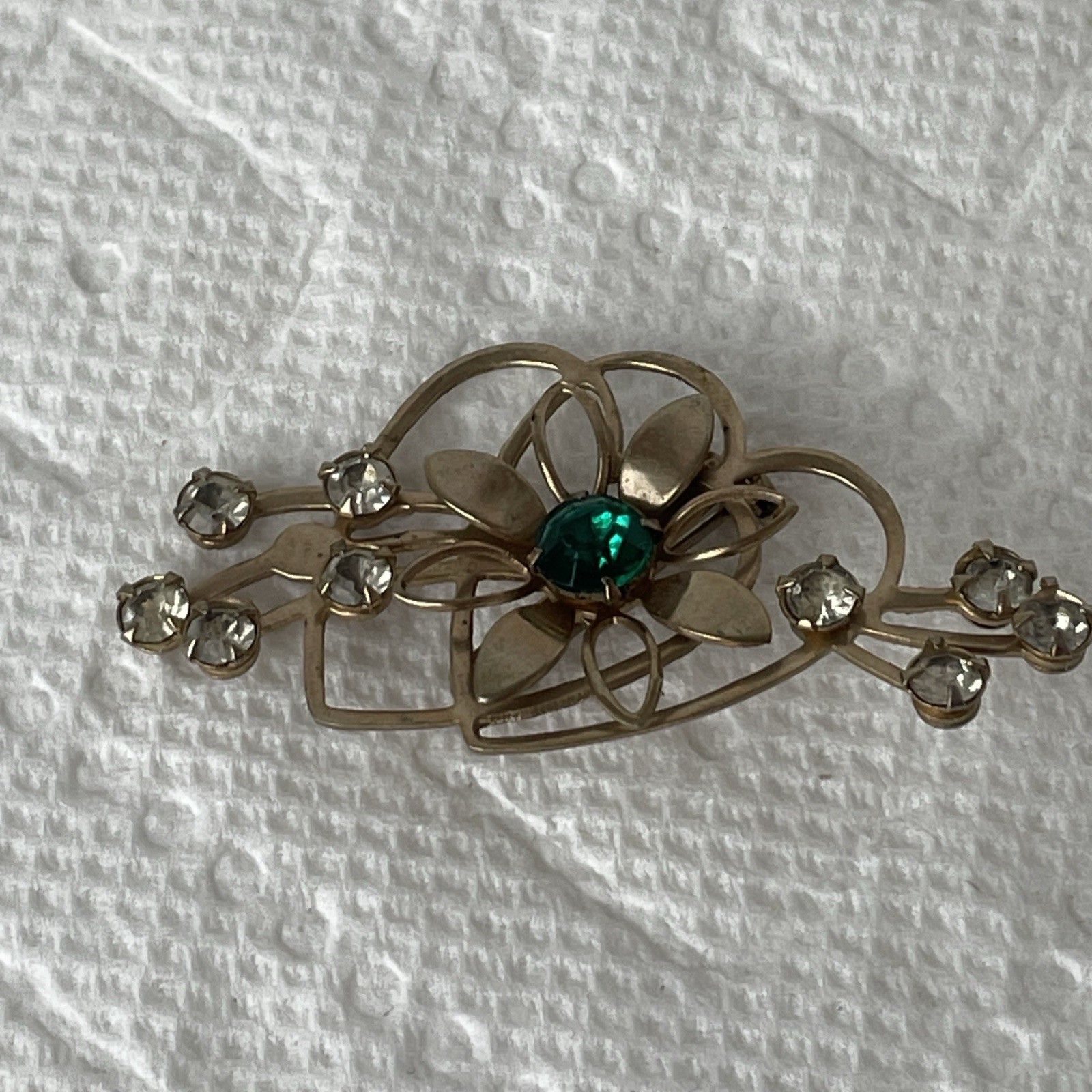 Hearts Flowers Brooch Pin Faux Emerald Faux Diamonds Flourish 2”x1” Vintage