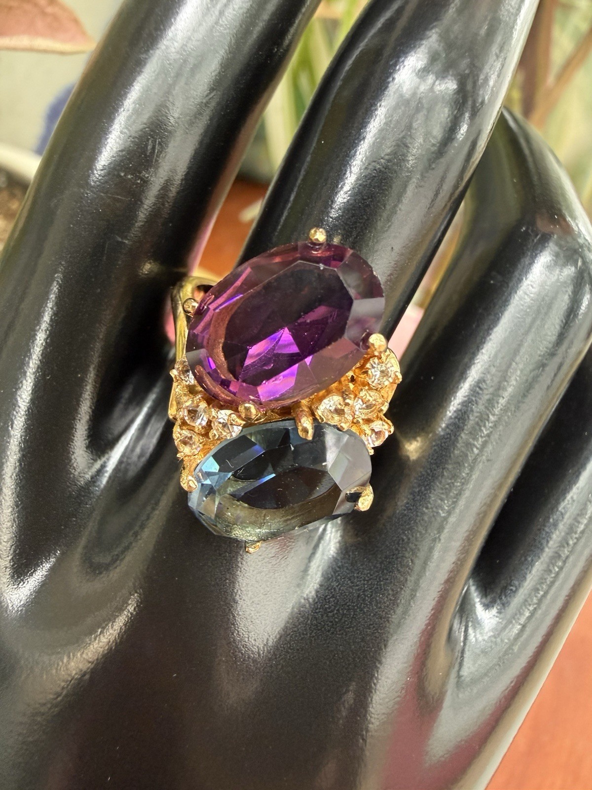 Vintage Multi stone Cocktail Ring Gold Plated Purple And Blue Cz Size 10