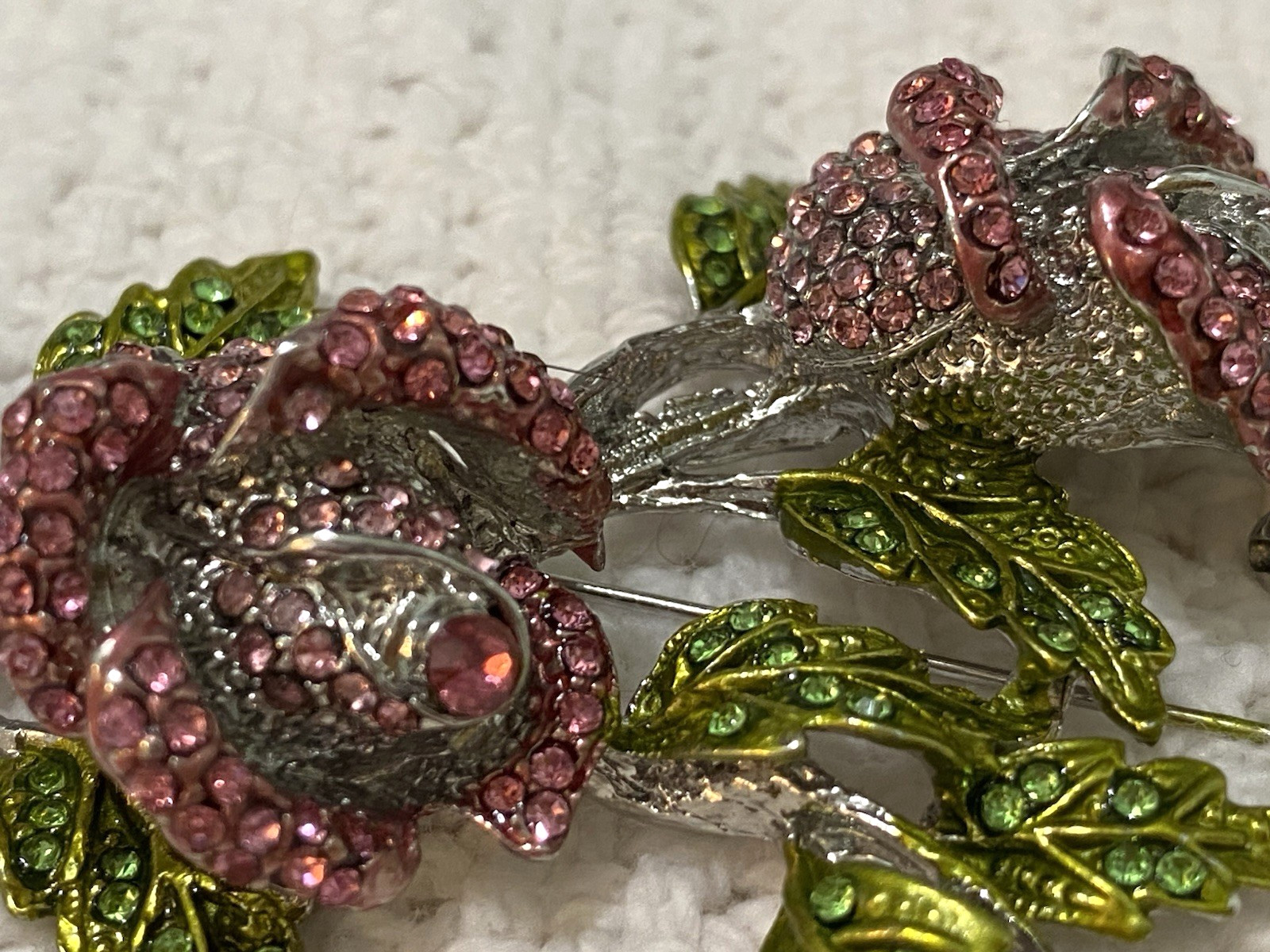 Stunning Large Vintage Pink And Green Sparkling Stones Flower Brooch