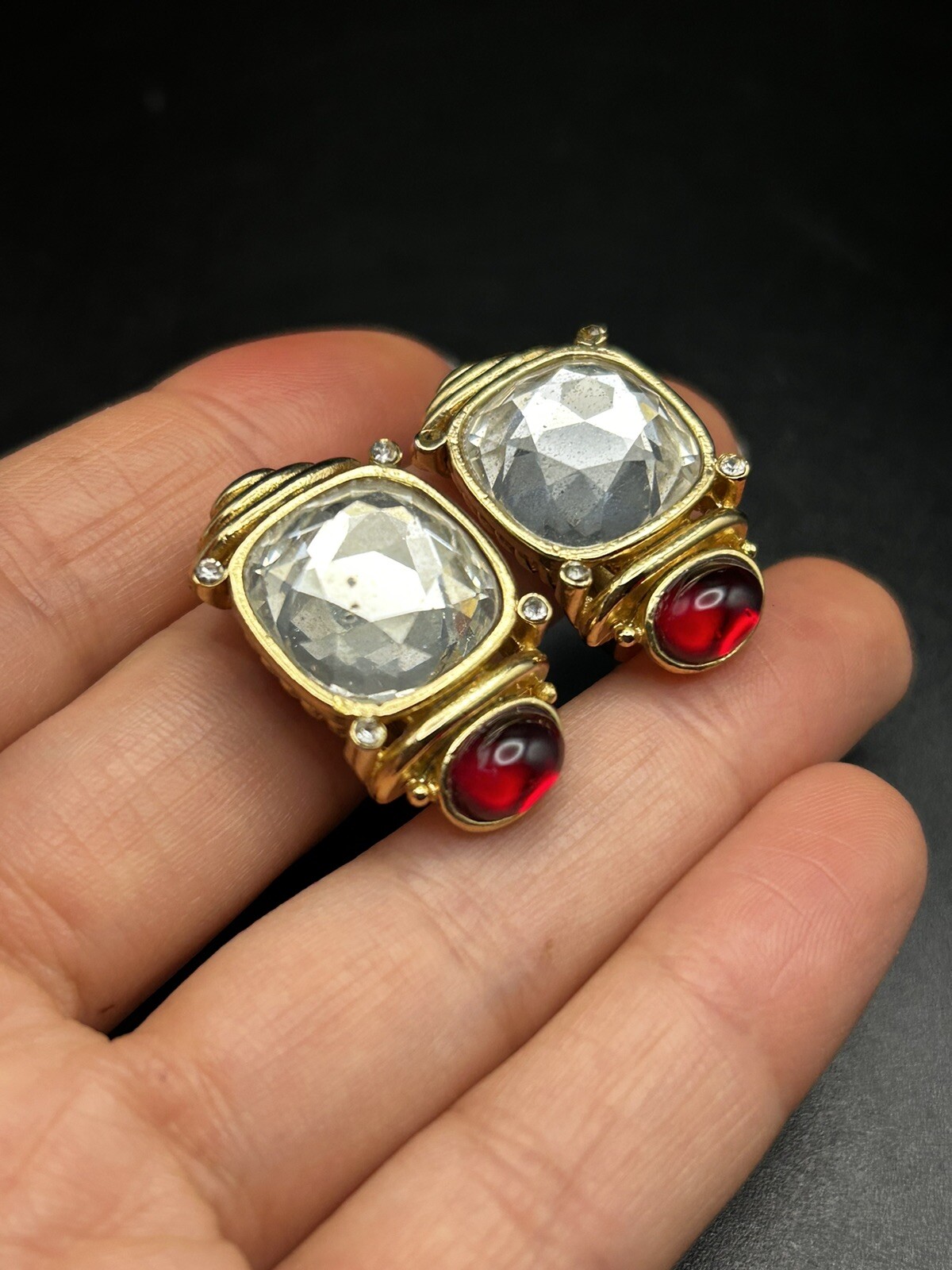 Orena Paris Signed French Vintage Crystal Faux Ruby Enamel Clip On Earrings