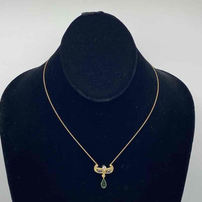 Vintage 14K Yellow Gold Diamond Sapphire Figural Mask Necklace 16.25″ 5.3g
