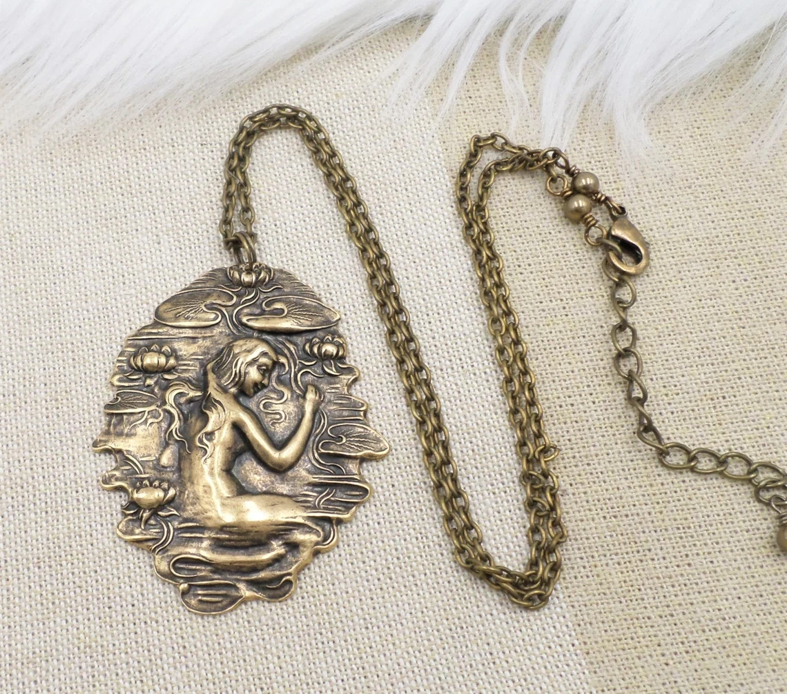 Art Nouveau Water Nymph Necklace: Vintage Style Brass Goddess Pendant with Lotus