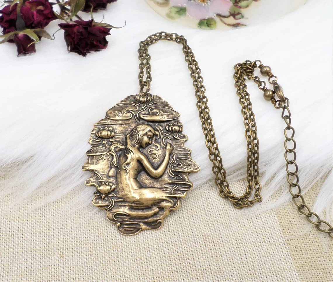 Art Nouveau Water Nymph Necklace: Vintage Style Brass Goddess Pendant with Lotus