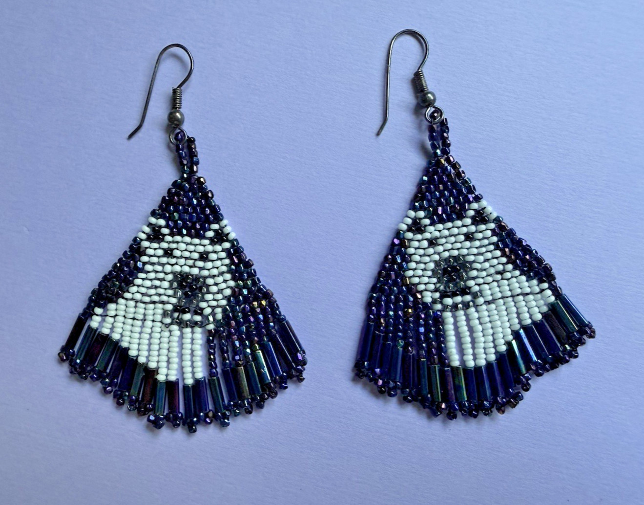 Vintage Polar Bear Glass Woven Sead Bead Dangle Tassel Long AB Black Earrings