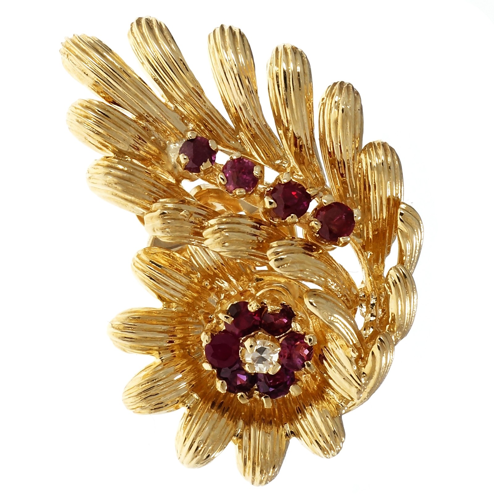Vintage 1950 Vivid Red Natural Ruby Earrings 14k Yellow Gold Clip Post Diamond