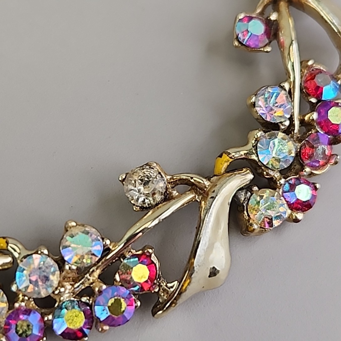 Vintage BSK Rhinestone Necklace AB Red Gold Tone Choker 16″