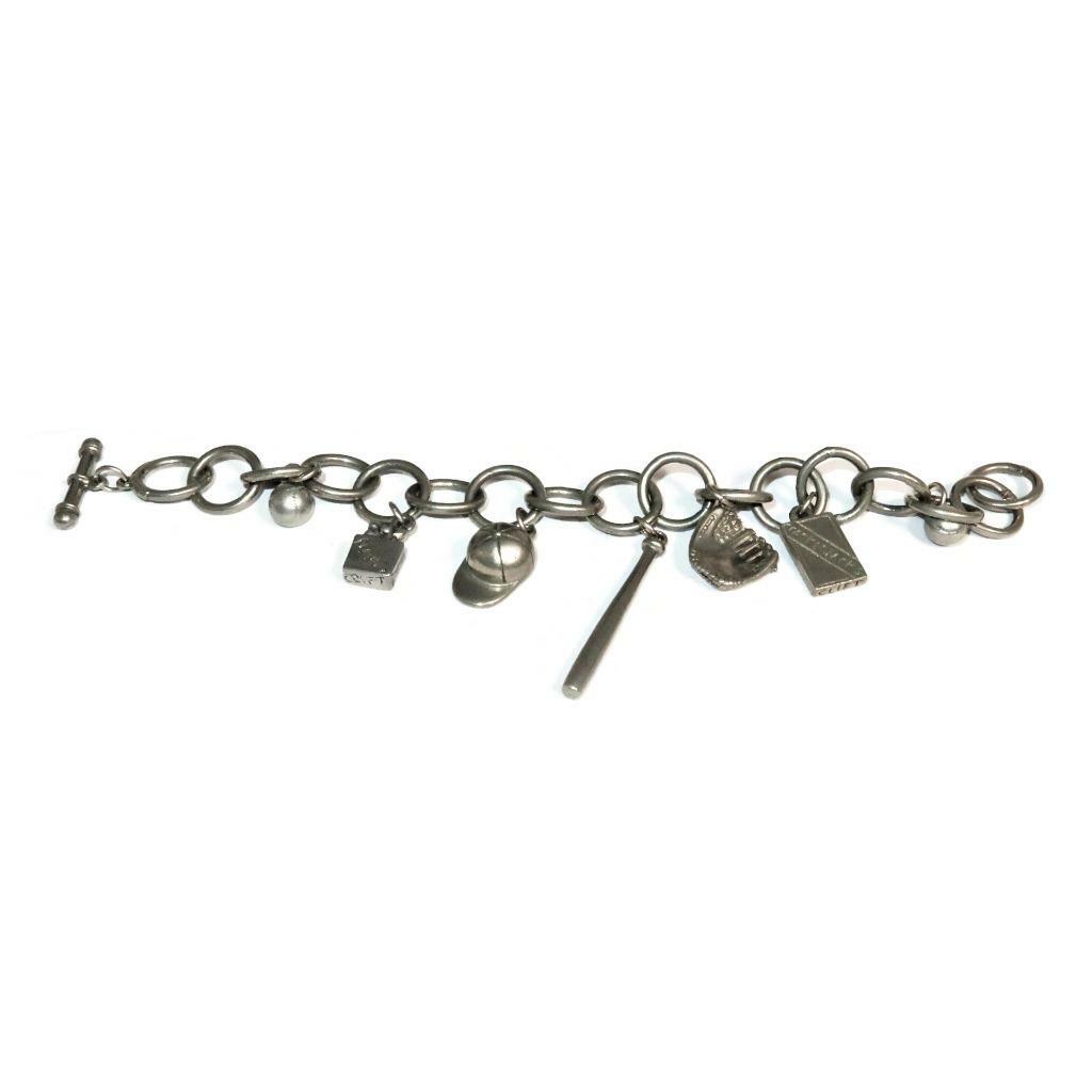Jim Clift Pewter Charm Bracelet with BASEBALL Theme, 7 Charms