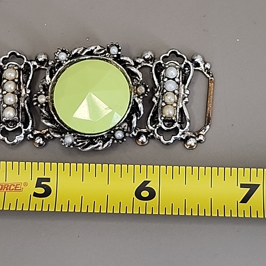 Vintage Bracelet Lime Green Round Bead Faux Pearl Silver Tone Book Chain 6″