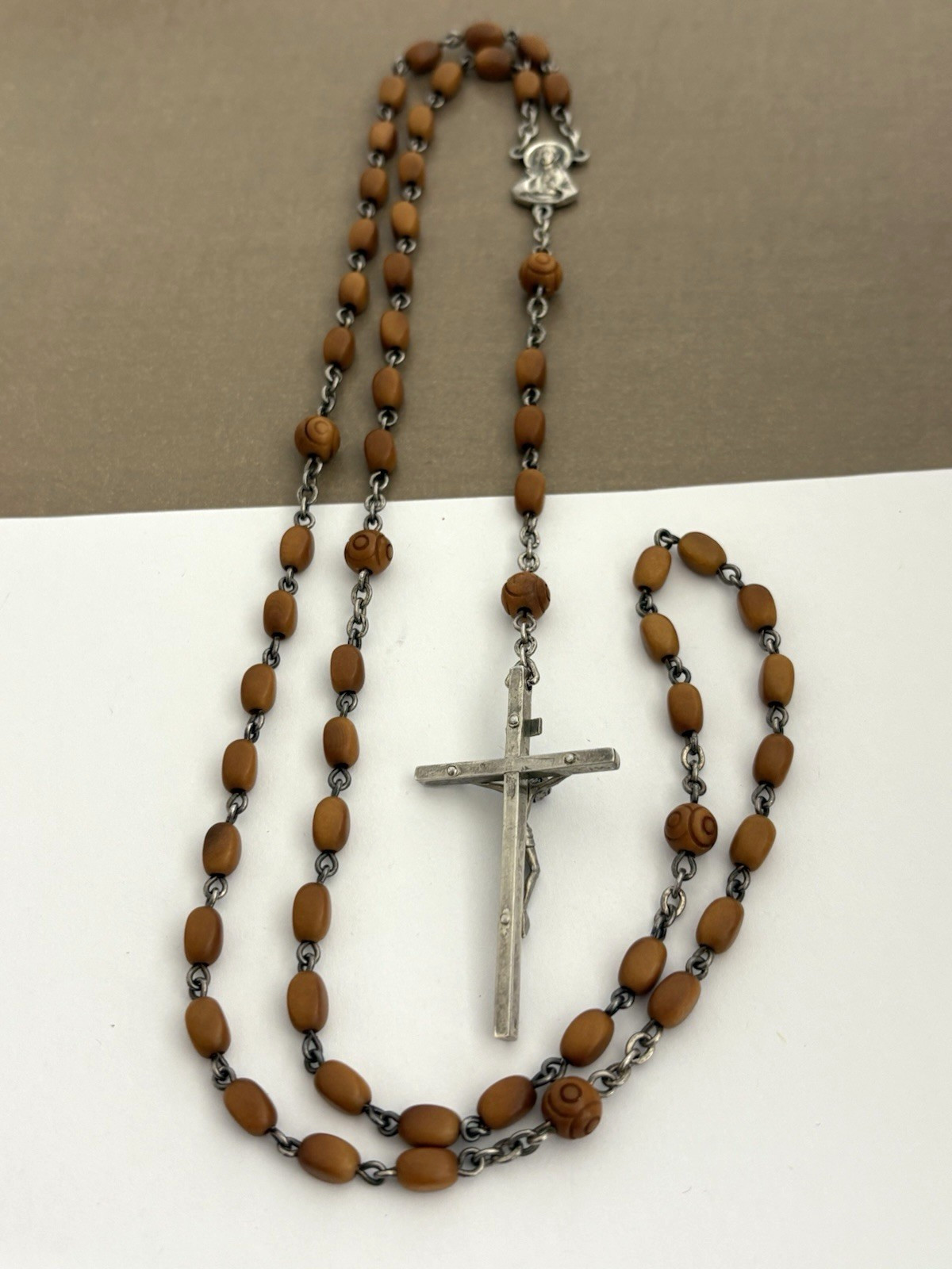 Antique Vintage Sterling Silver 925 ITALY Catholic Rosary Carved Beads Necklace