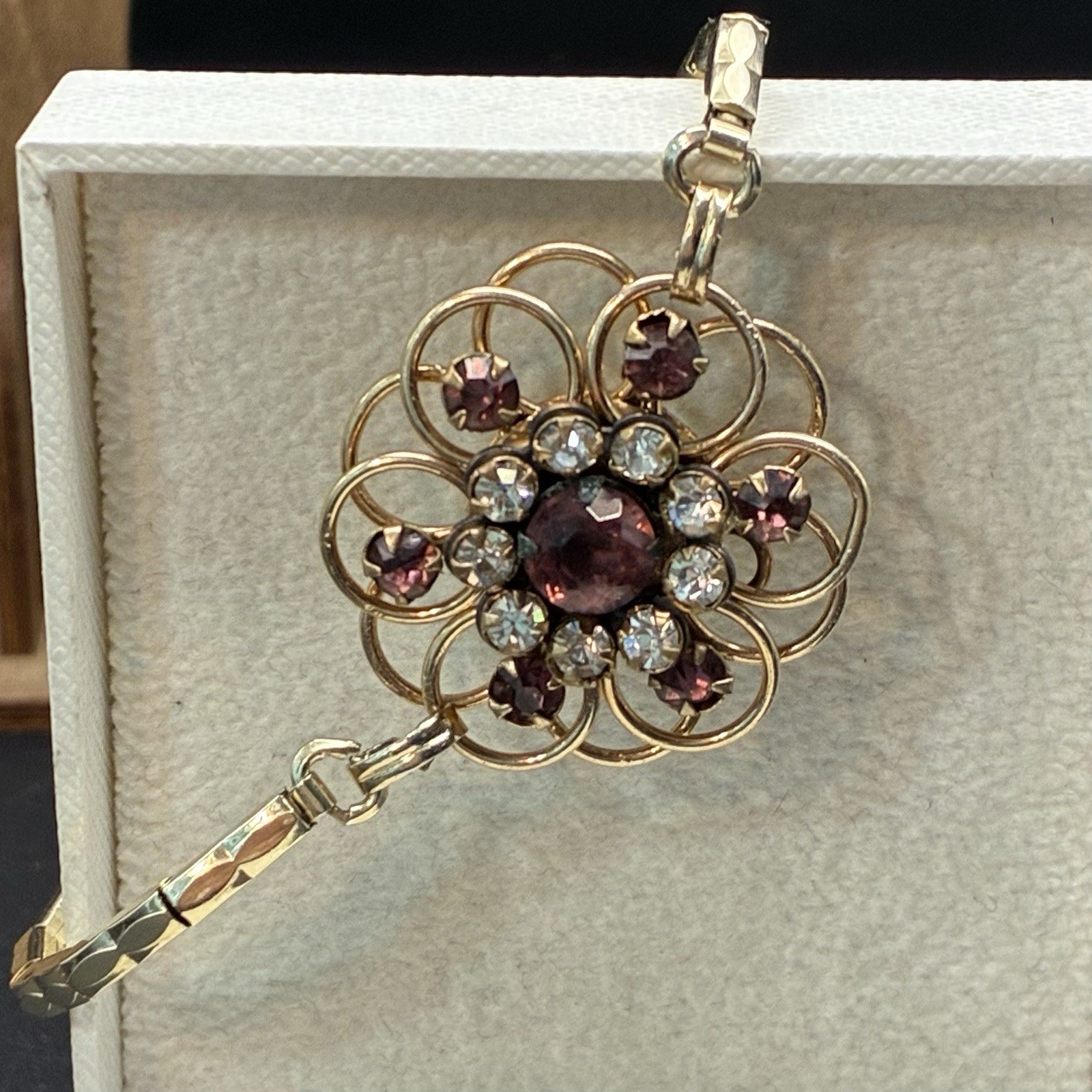 Custom Vintage Yellow Gold Filled Expansion Bracelet, Amethyst Glass, Watch Band