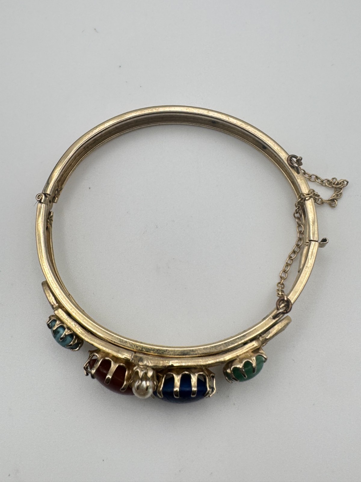 Vintage Cabochon Bracelet Green Blue Hinged Bangle Victorian Revival