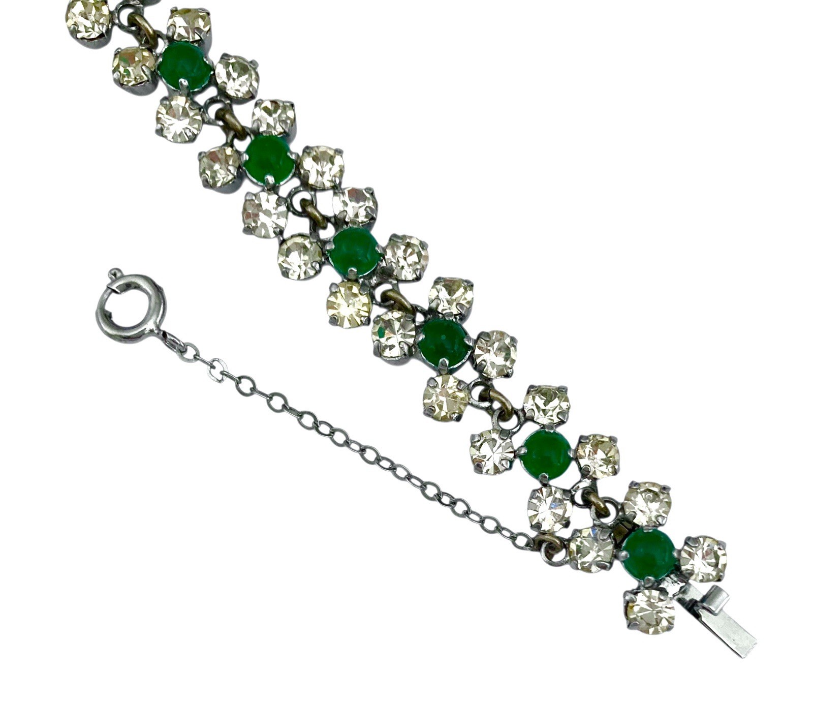 VINTAGE 1950’s Silver Tone Faux EMERALD & CLEAR AUSTRIAN CRYSTAL Link Bracelet