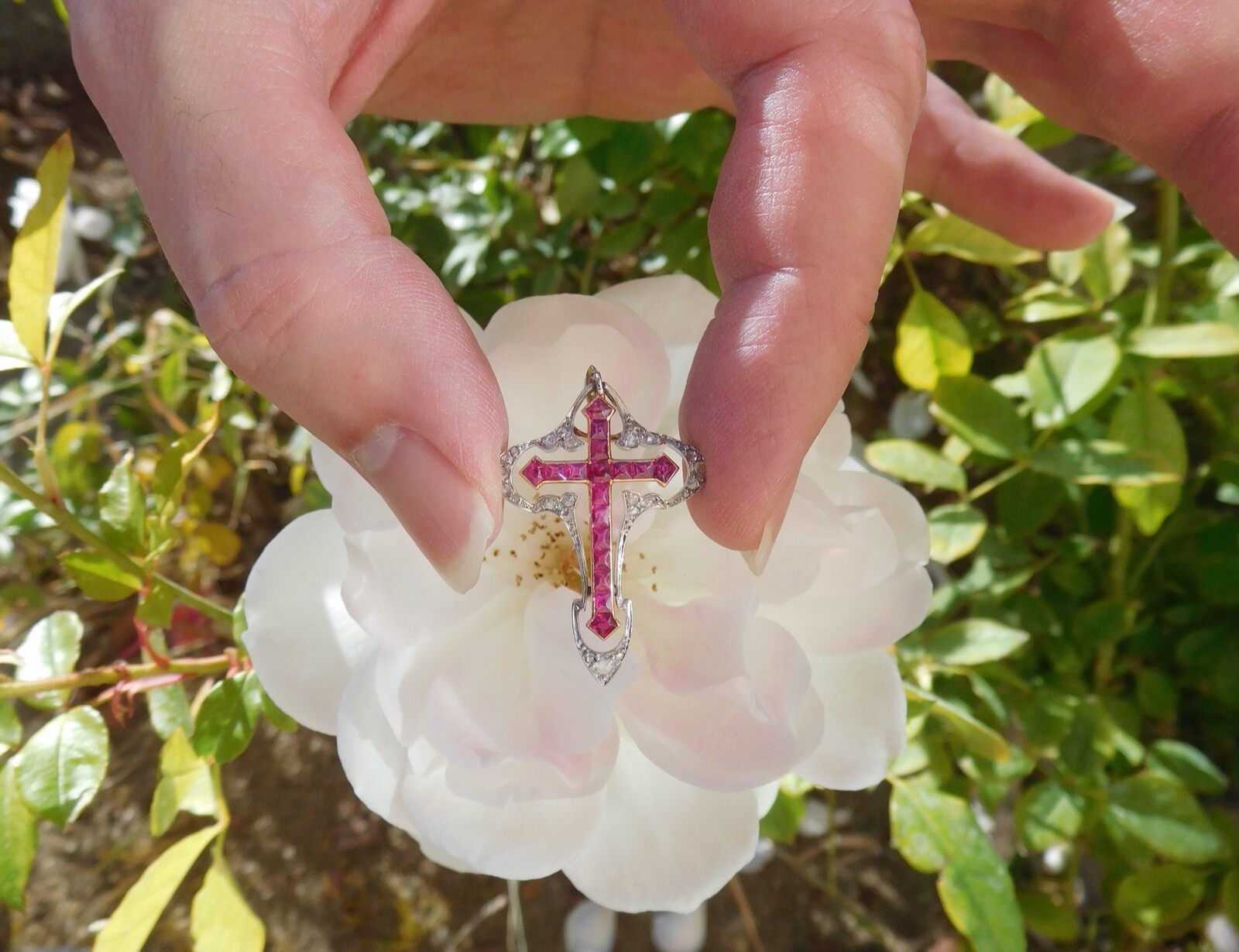 Belle Époque Art Nouveau 18K Rose Gold Platinum Diamonds Rubies Cross Pendant 🥀