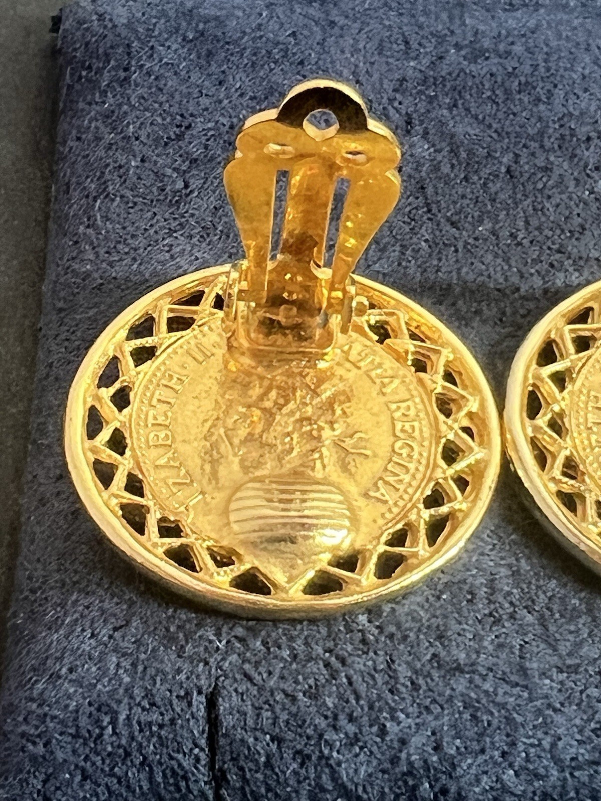 Gay Boyer Vintage Queen Elizabeth II Clip On Earrings Gold Tone 1”