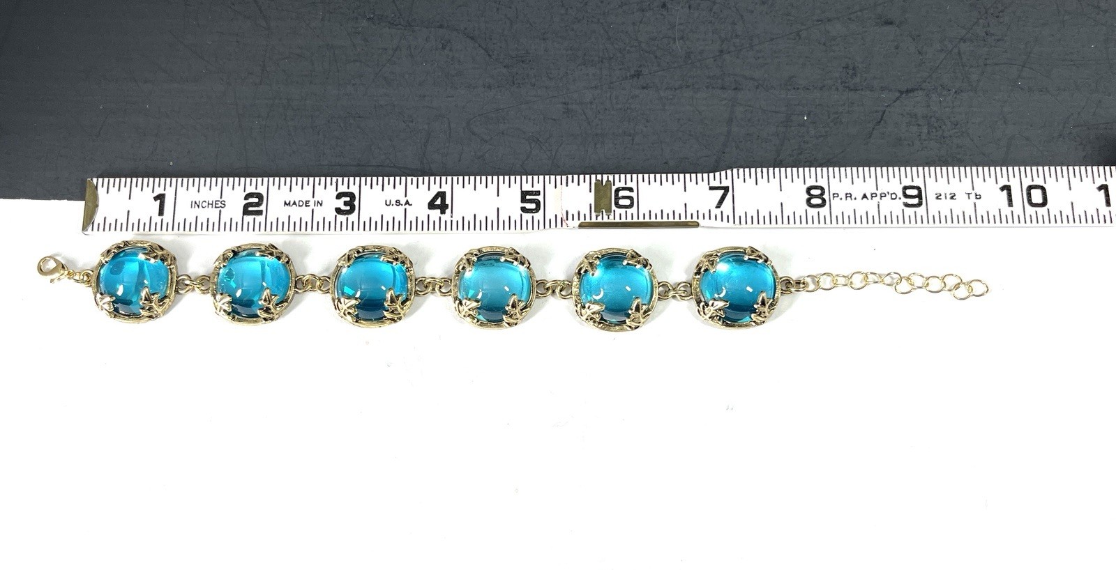 Turquoise Gripoix Glass Cabochon Bracelet Gold Tone Bezel Wide Chunky Statement