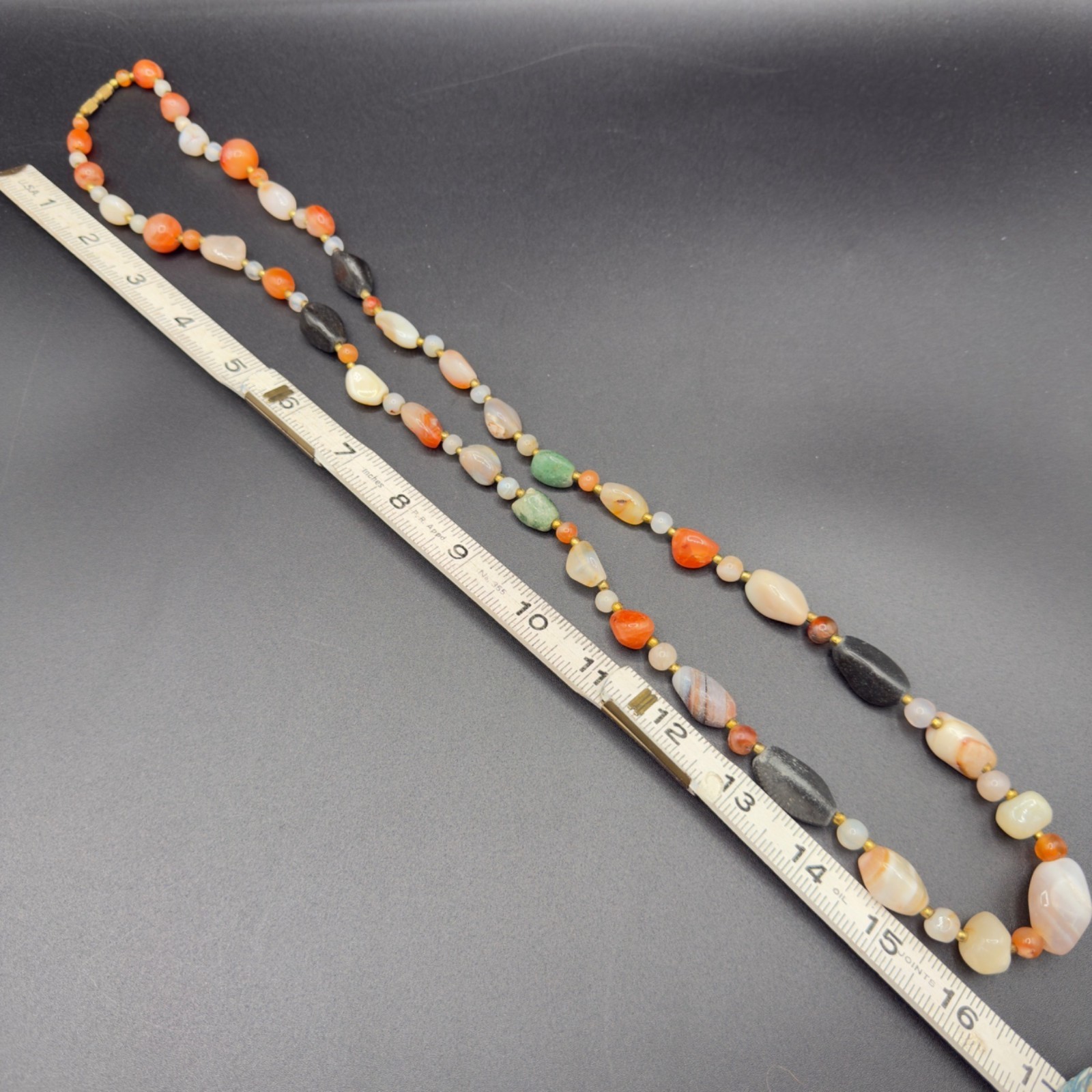 Vintage Beggars Bead Necklace Polished Stone Fall Colors Opera Length 32″