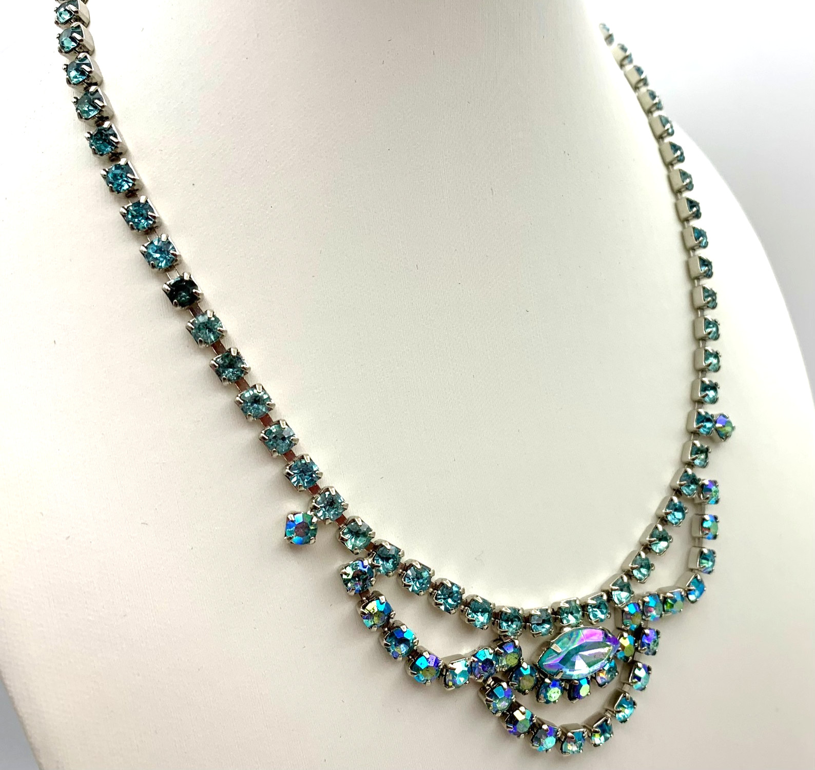 Sky Blue AB Aurora Borealis Rhinestone Festoon Necklace Prong Set Vintage 1950s