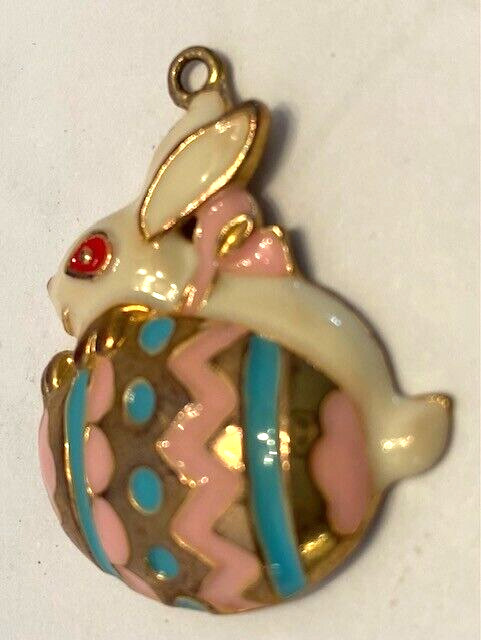 Vintage Gold Tone/Enamel Blue/Pink/Ivory/Red Bunny/Easter Egg 1.5 Inch Pendant
