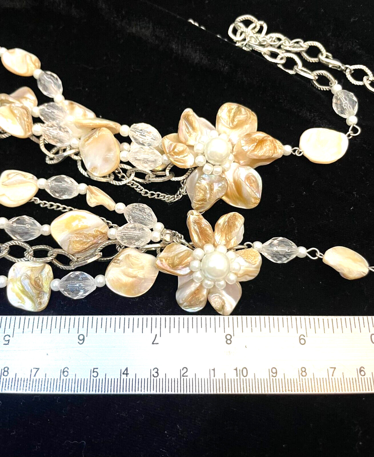 Seashell Statement Multi Strand Necklace Mother of Pearl Beads Flower Pendants