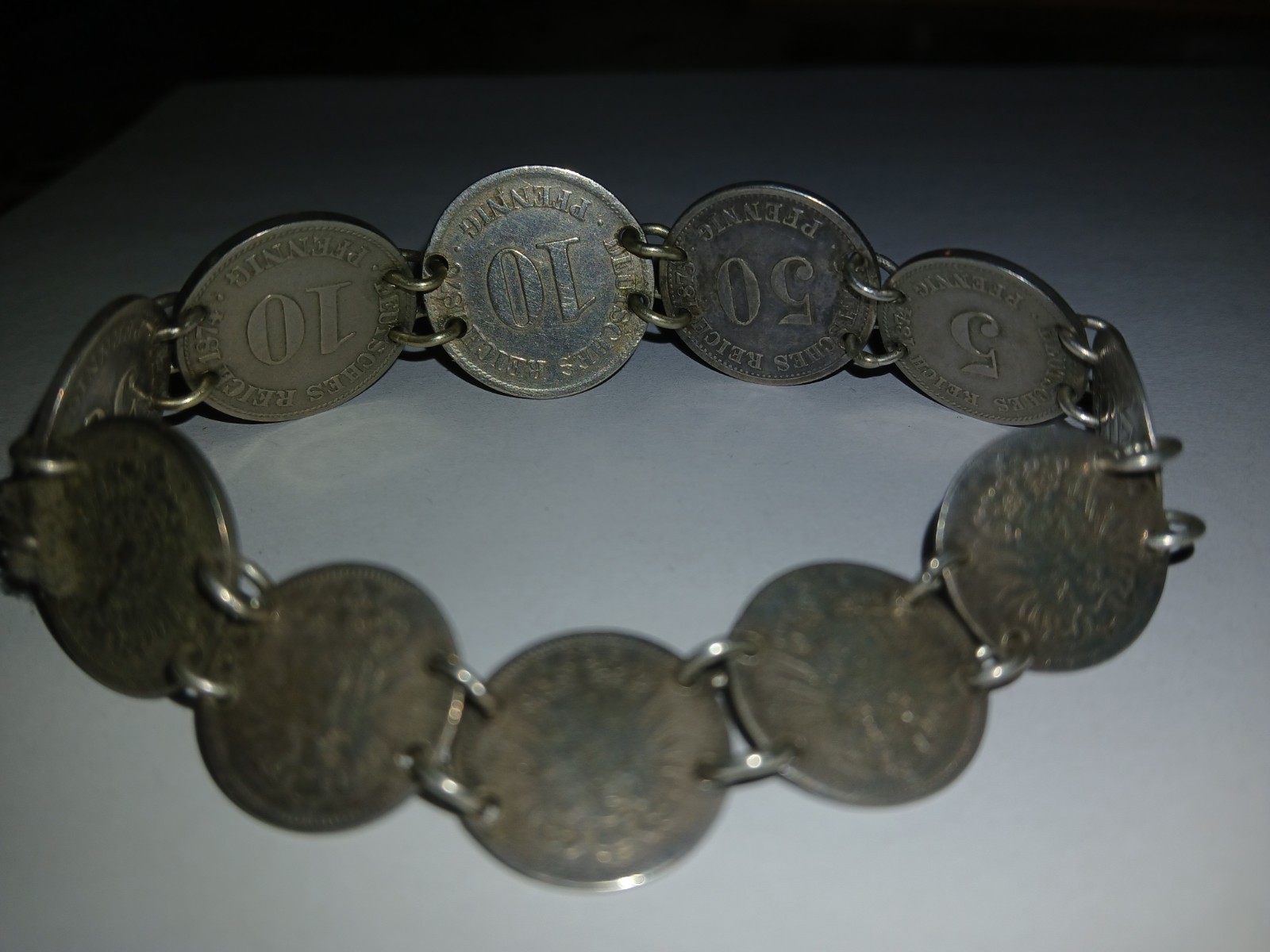 900 Silver Antique 1874-1876 Germany Coin Link Bracelet 8″ 11 Coins 25g