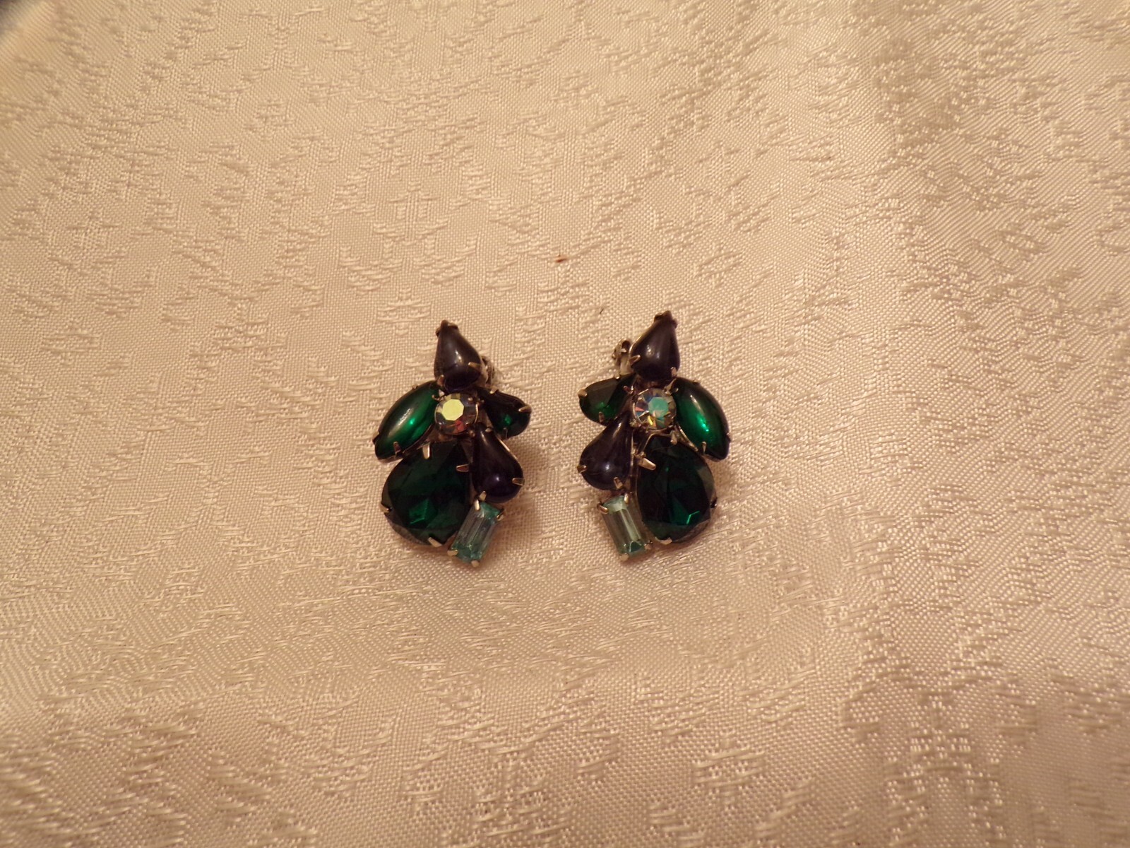 VTG Rhinestone Clip on Earrings Purple Green and Blue