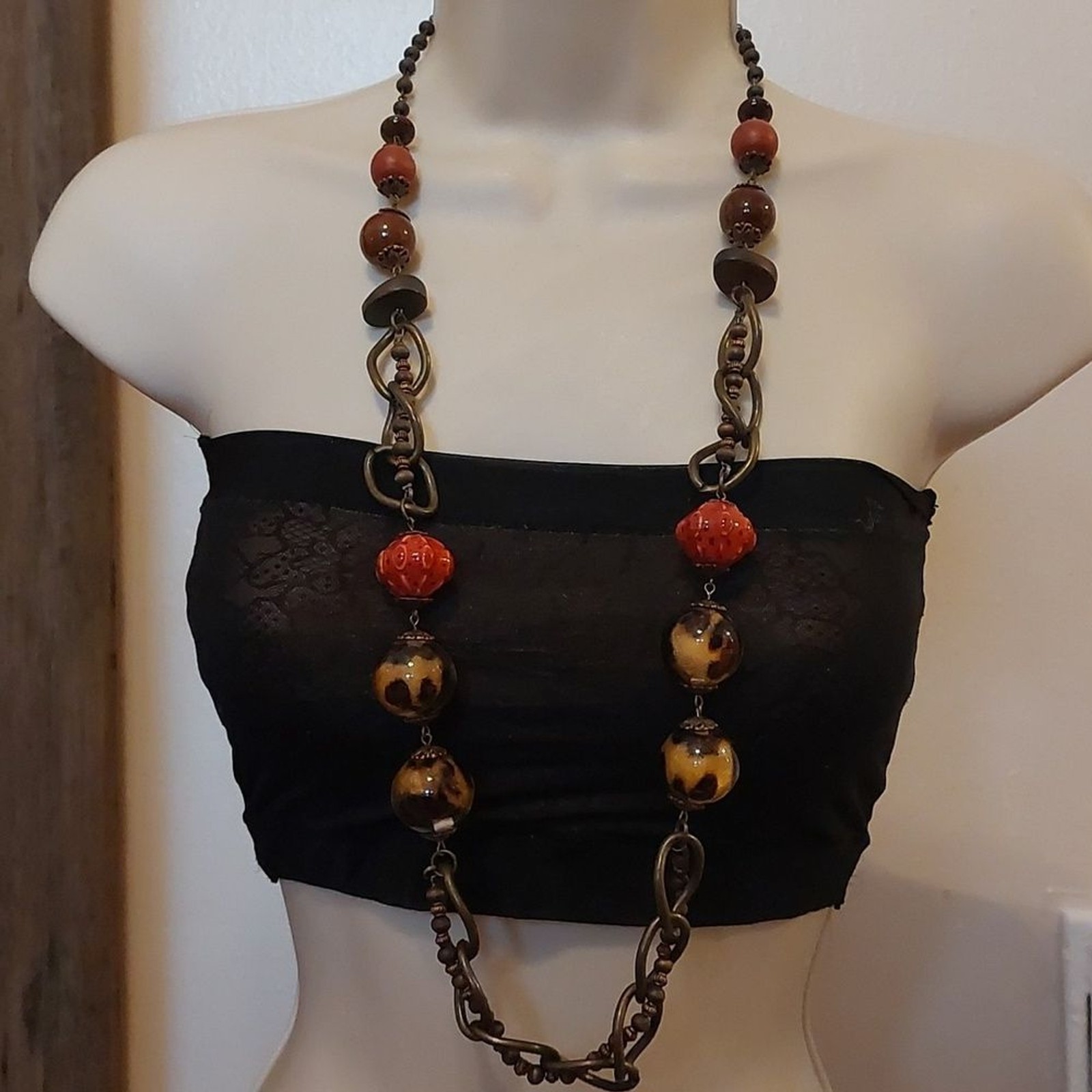 OOAK Unique Vintage Artisal Mixed Media Necklace Copper Wood Glass Ceramic