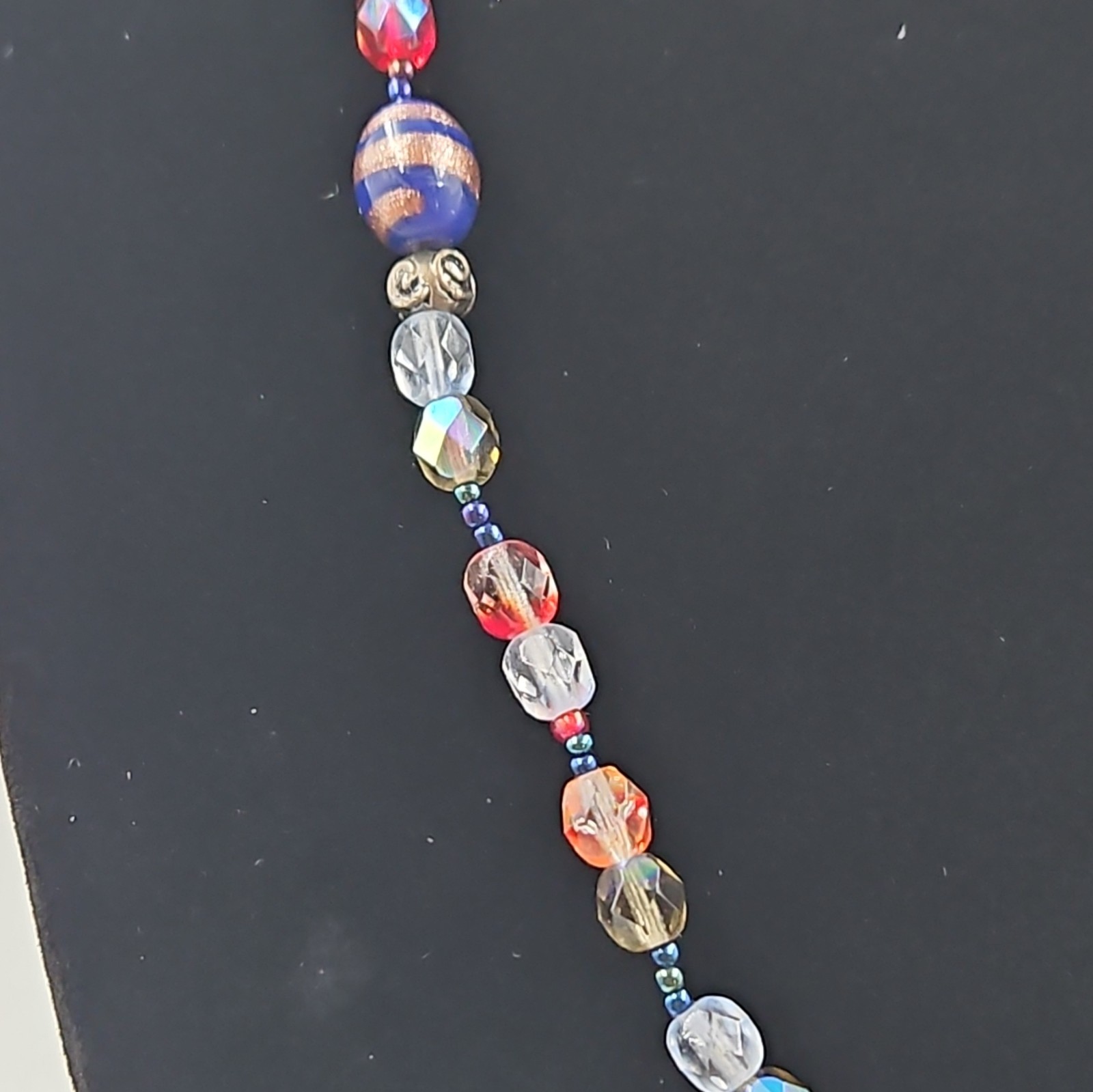 Artisan Glass Beaded Necklace Red Blue Clear Crystal Foil Beads Toggle Clasp VTG