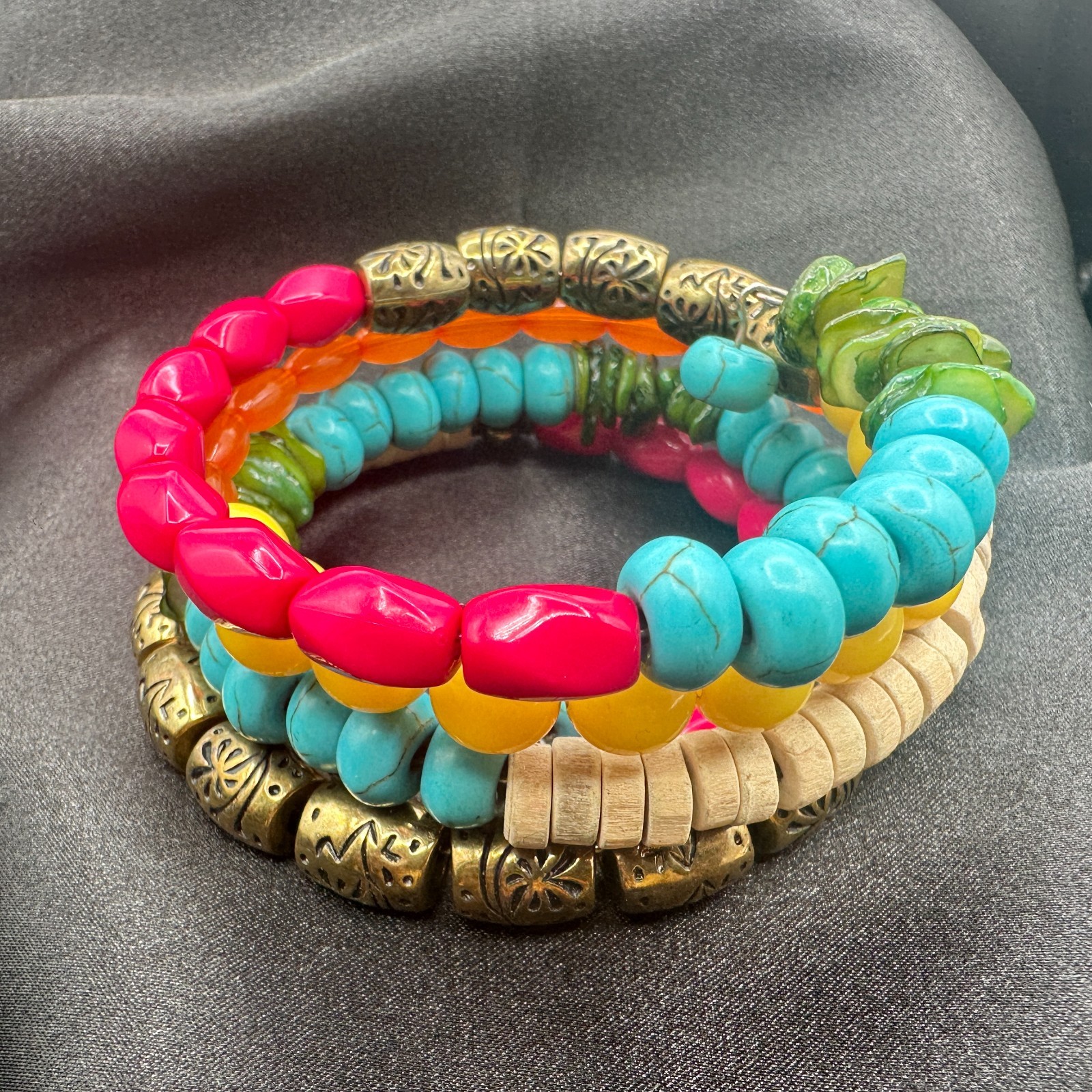 Vintage 90s Multi-Strand Wrap Bracelet Colorful Glass Wood Metal Bead Jewelry