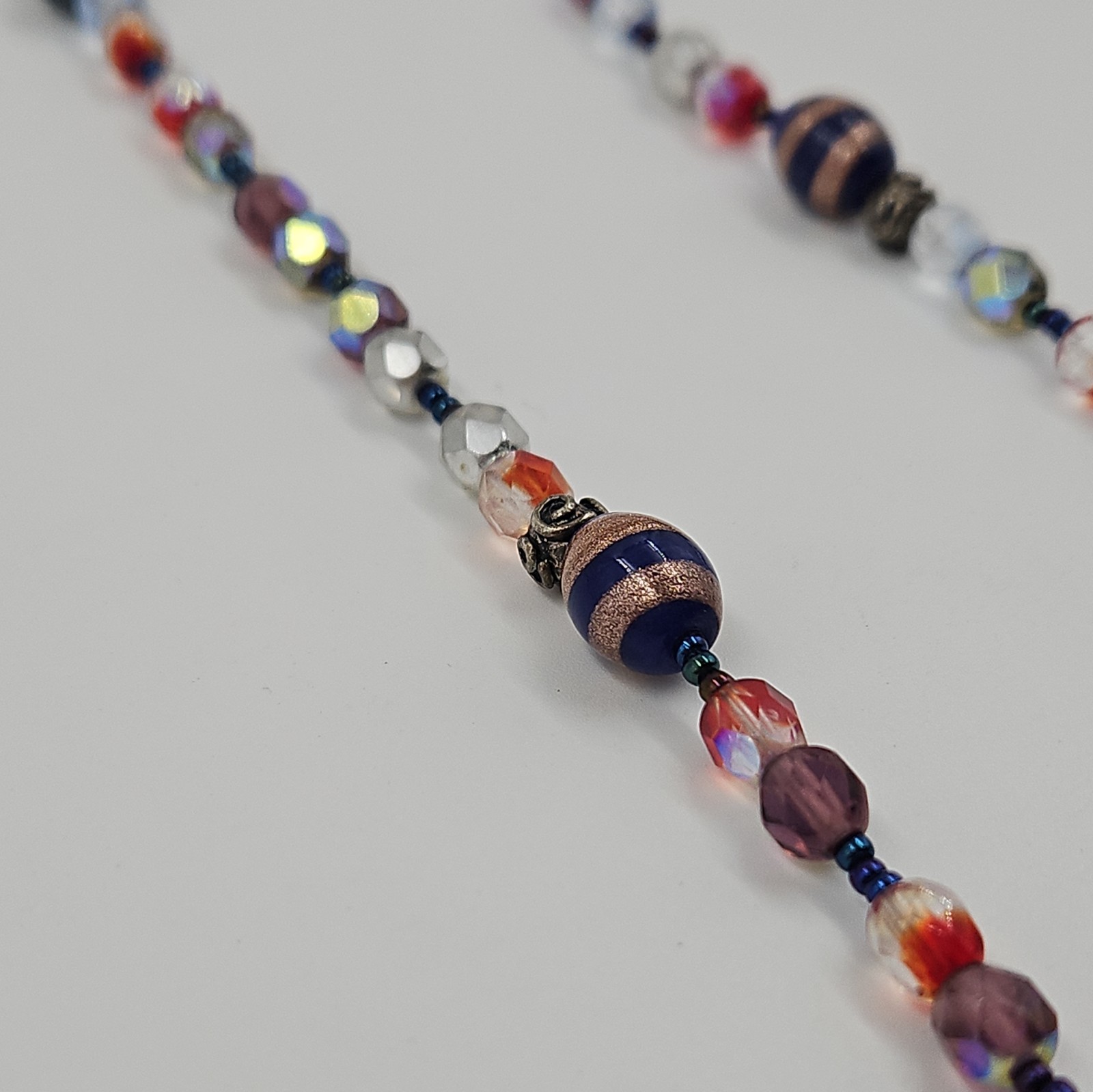 Vintage Artisanal Glass Bead Necklace Iridescent Crystal Boho Toggle Clasp
