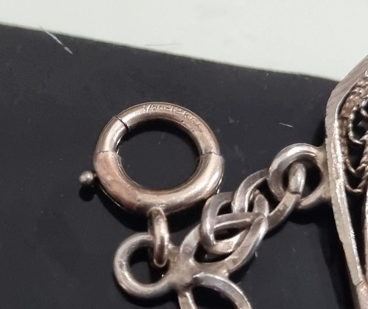 Vintage 12k White Gold Fill Sterling Egyptian Theme Filigree Bracelet See Video