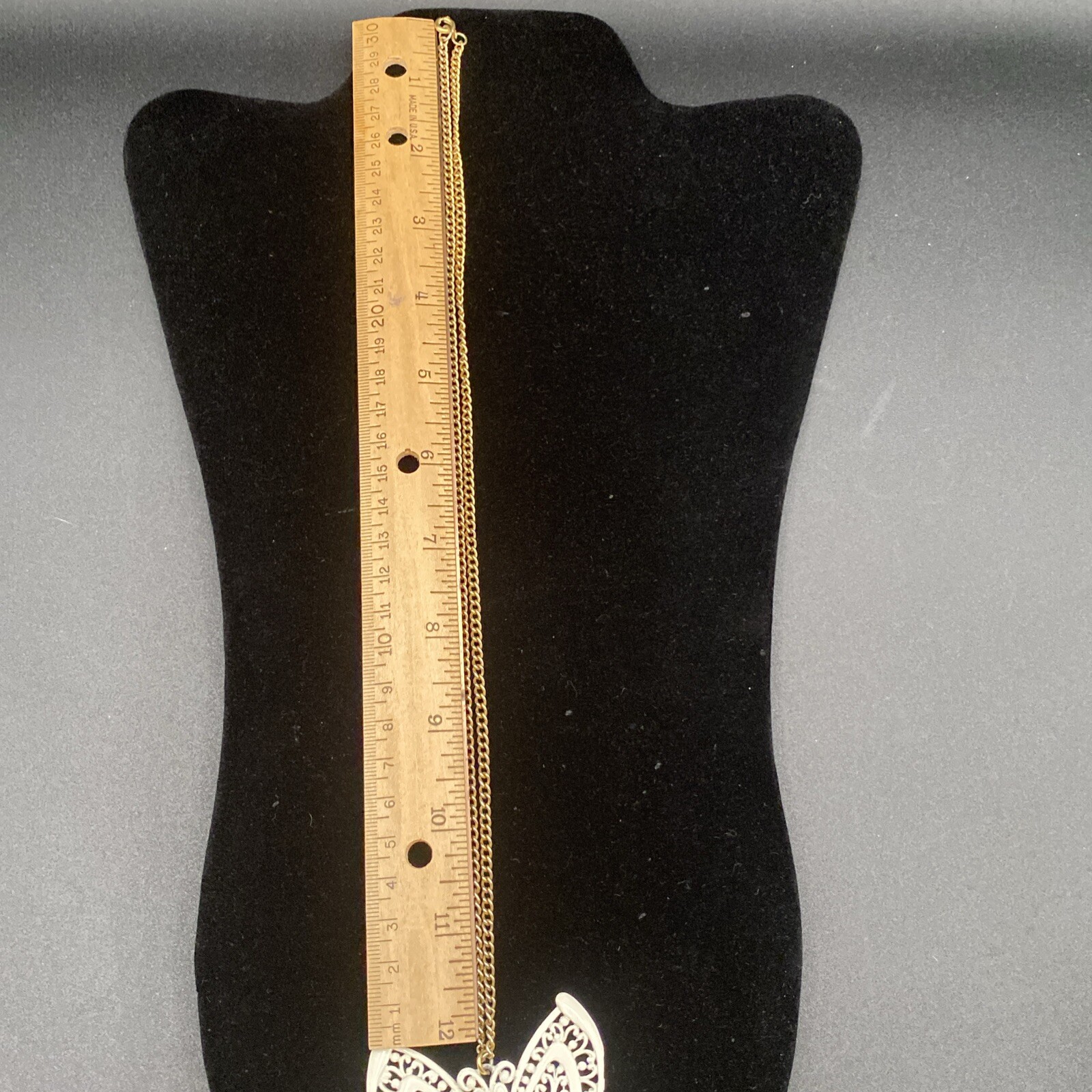 Vintage White Enamel Articulated Large Butterfly Gold Tone Open Link Chain Mod